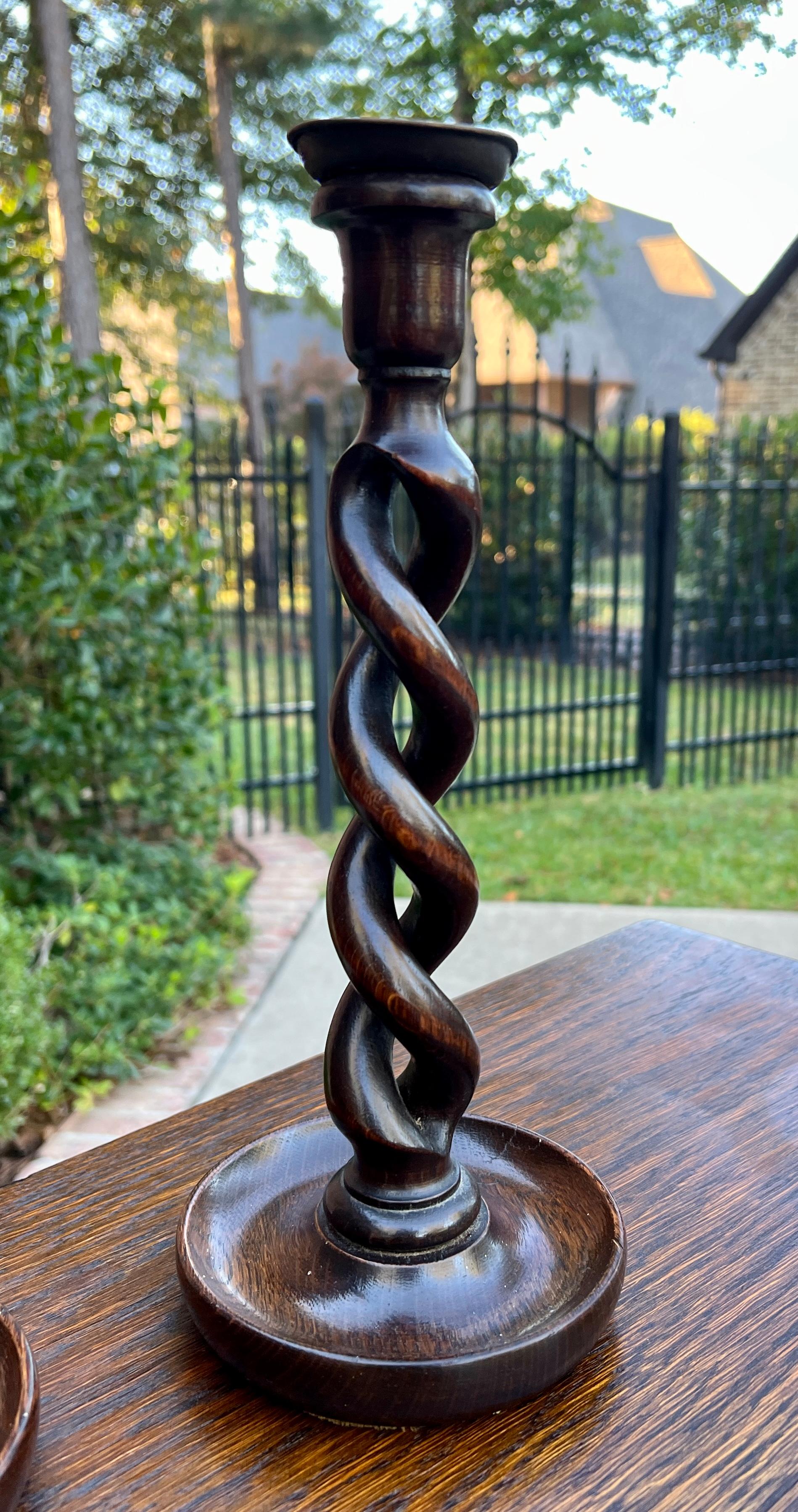 Antique English Open Barley Twist PAIR Candlesticks Candle Holders Oak 12.5