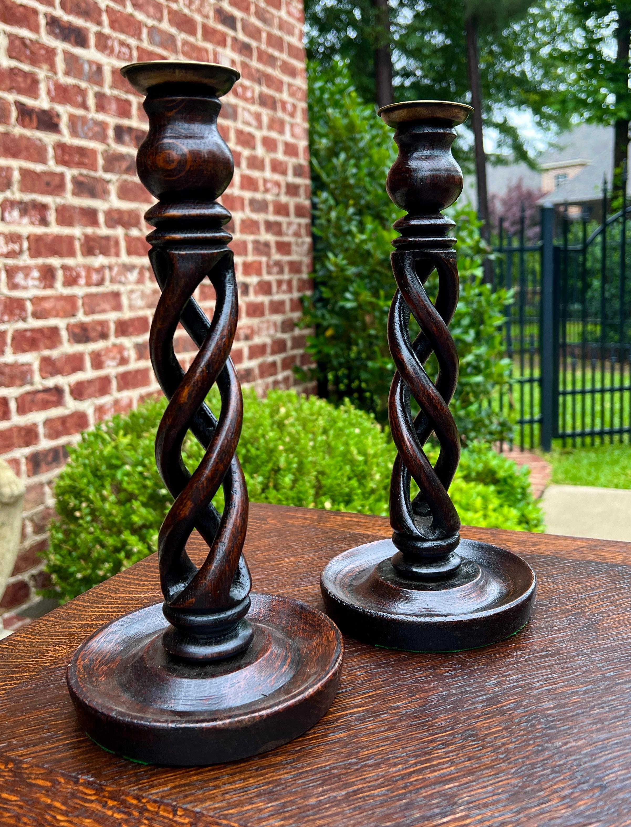 Arts and Crafts Antique English Open Barley Twist PAIR Candlesticks Candle Holders Oak 12.5