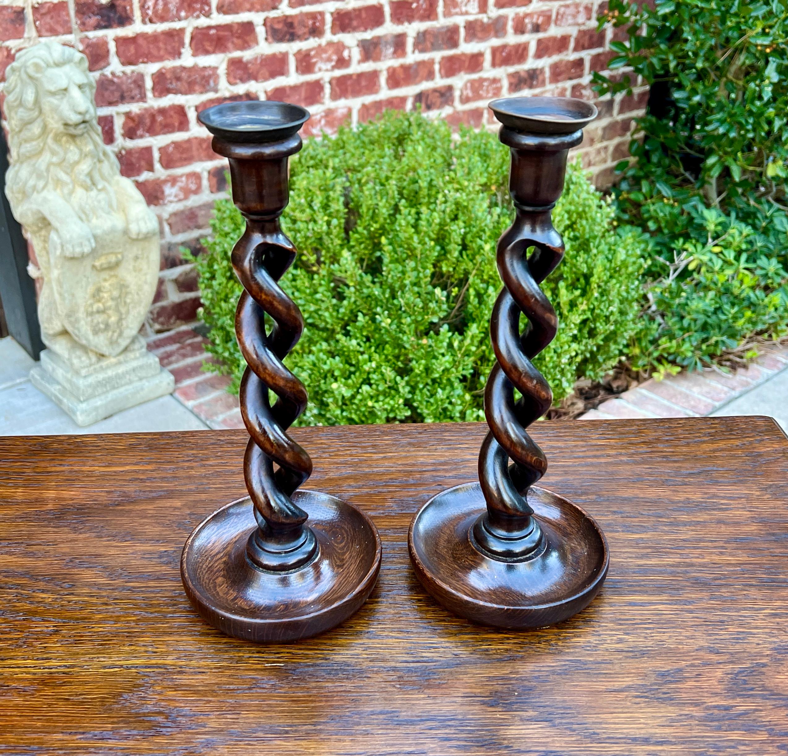 Arts and Crafts Antique English Open Barley Twist PAIR Candlesticks Candle Holders Oak 12.5
