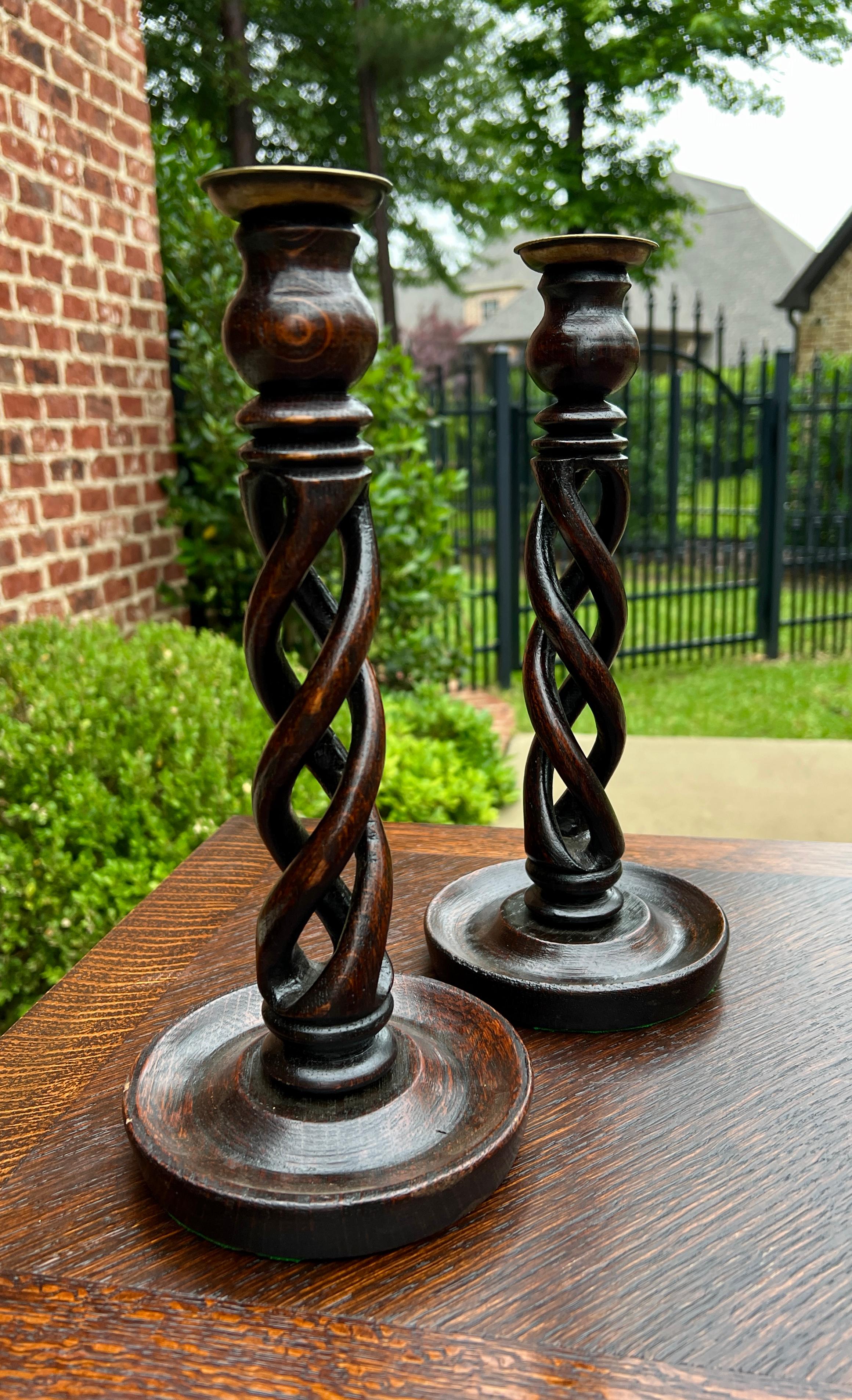 Carved Antique English Open Barley Twist PAIR Candlesticks Candle Holders Oak 12.5