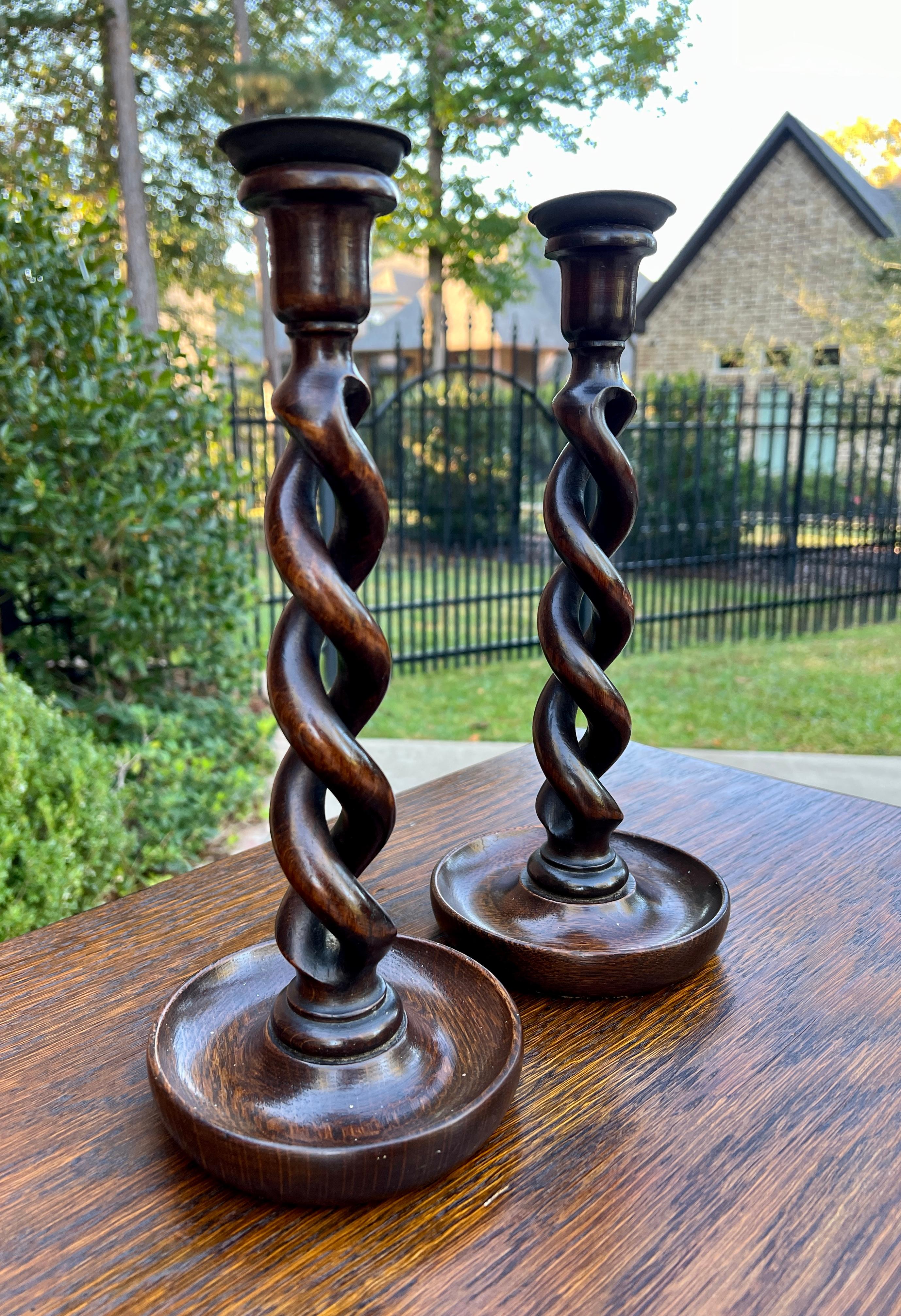 Carved Antique English Open Barley Twist PAIR Candlesticks Candle Holders Oak 12.5