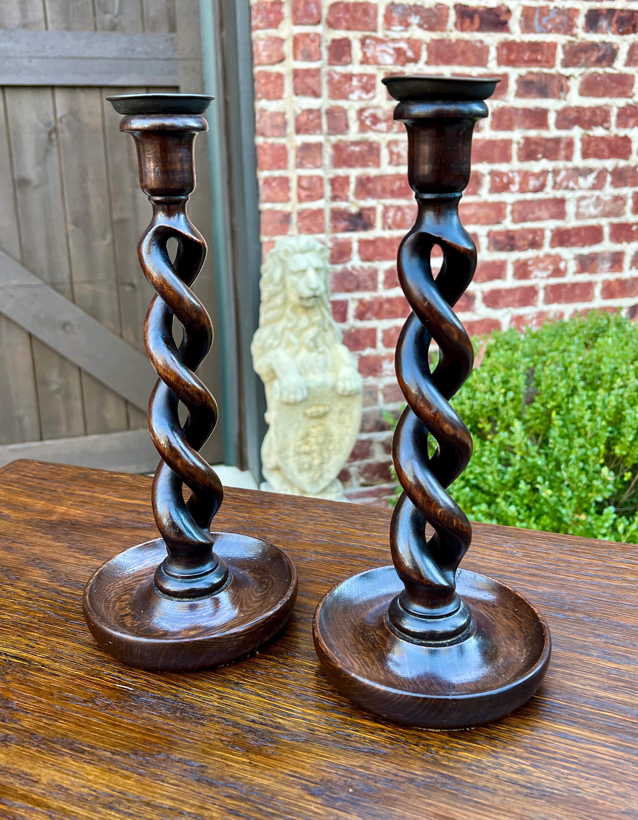 Antique English Open Barley Twist PAIR Candlesticks Candle Holders Oak 12.5