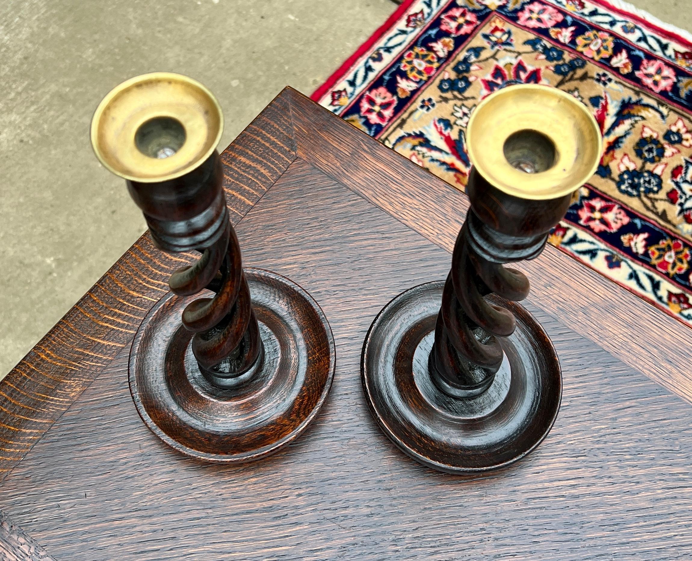 Mid-20th Century Antique English Open Barley Twist PAIR Candlesticks Candle Holders Oak 12.5