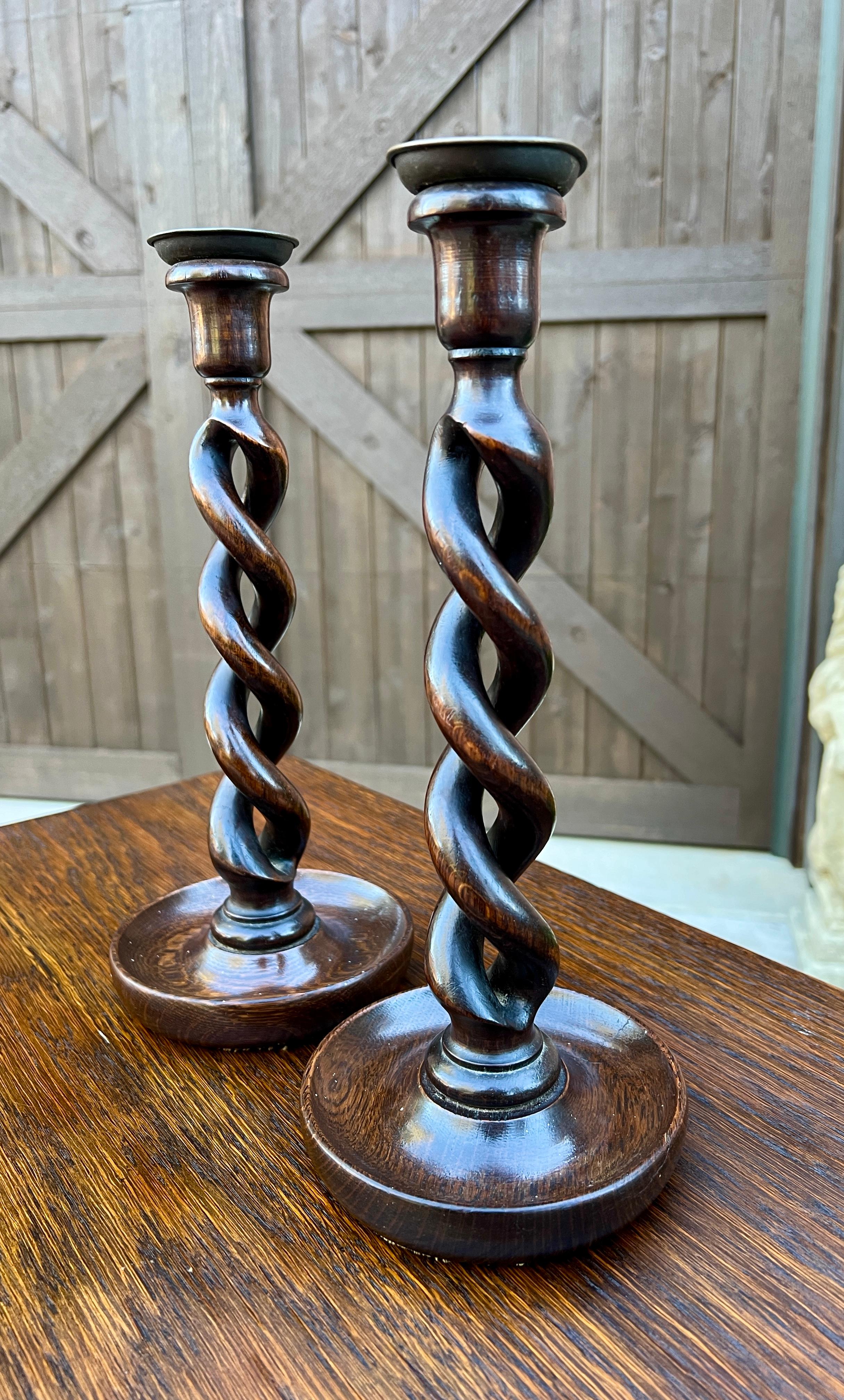 Mid-20th Century Antique English Open Barley Twist PAIR Candlesticks Candle Holders Oak 12.5