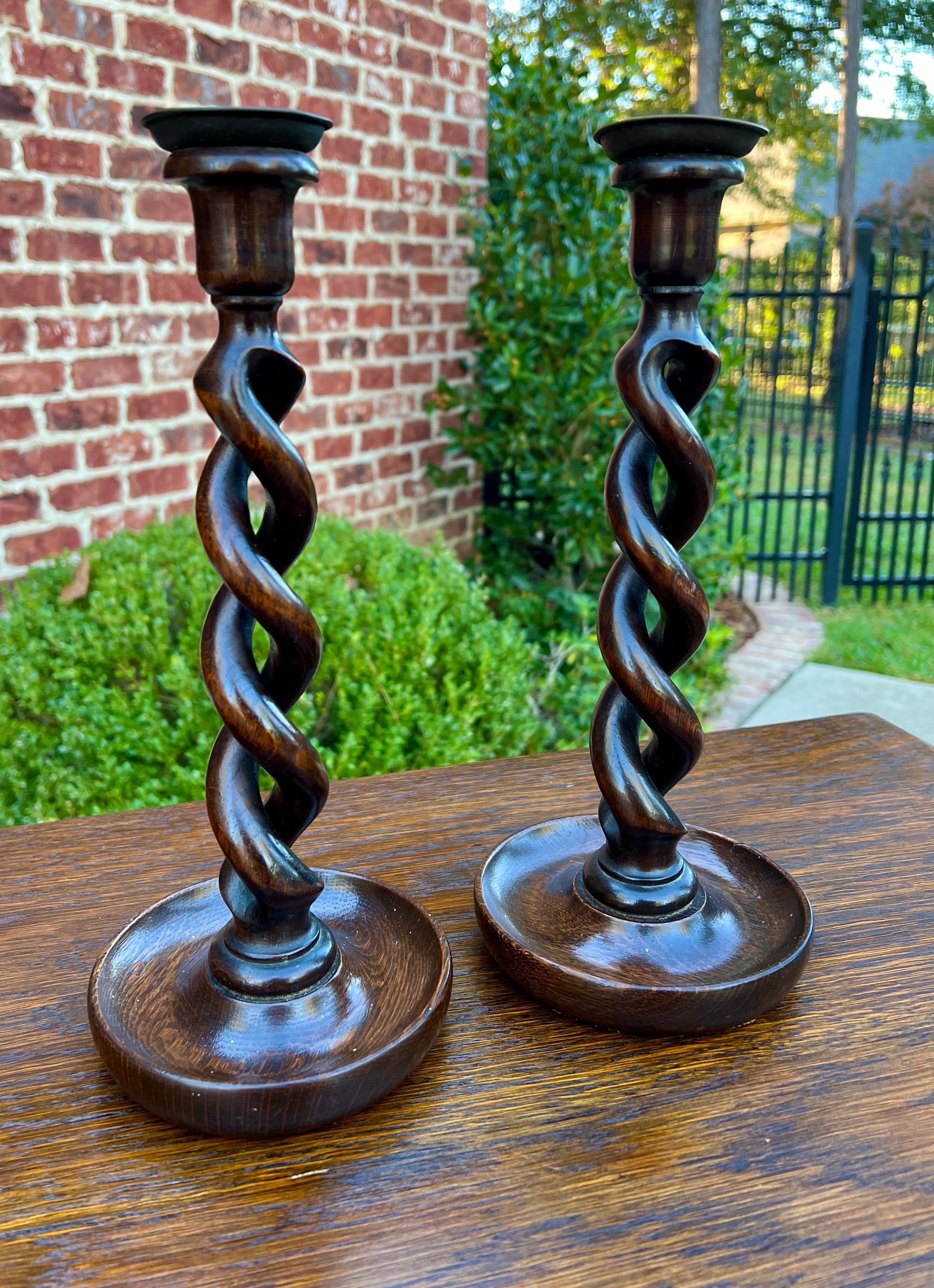 Antique English Open Barley Twist PAIR Candlesticks Candle Holders Oak 12.5