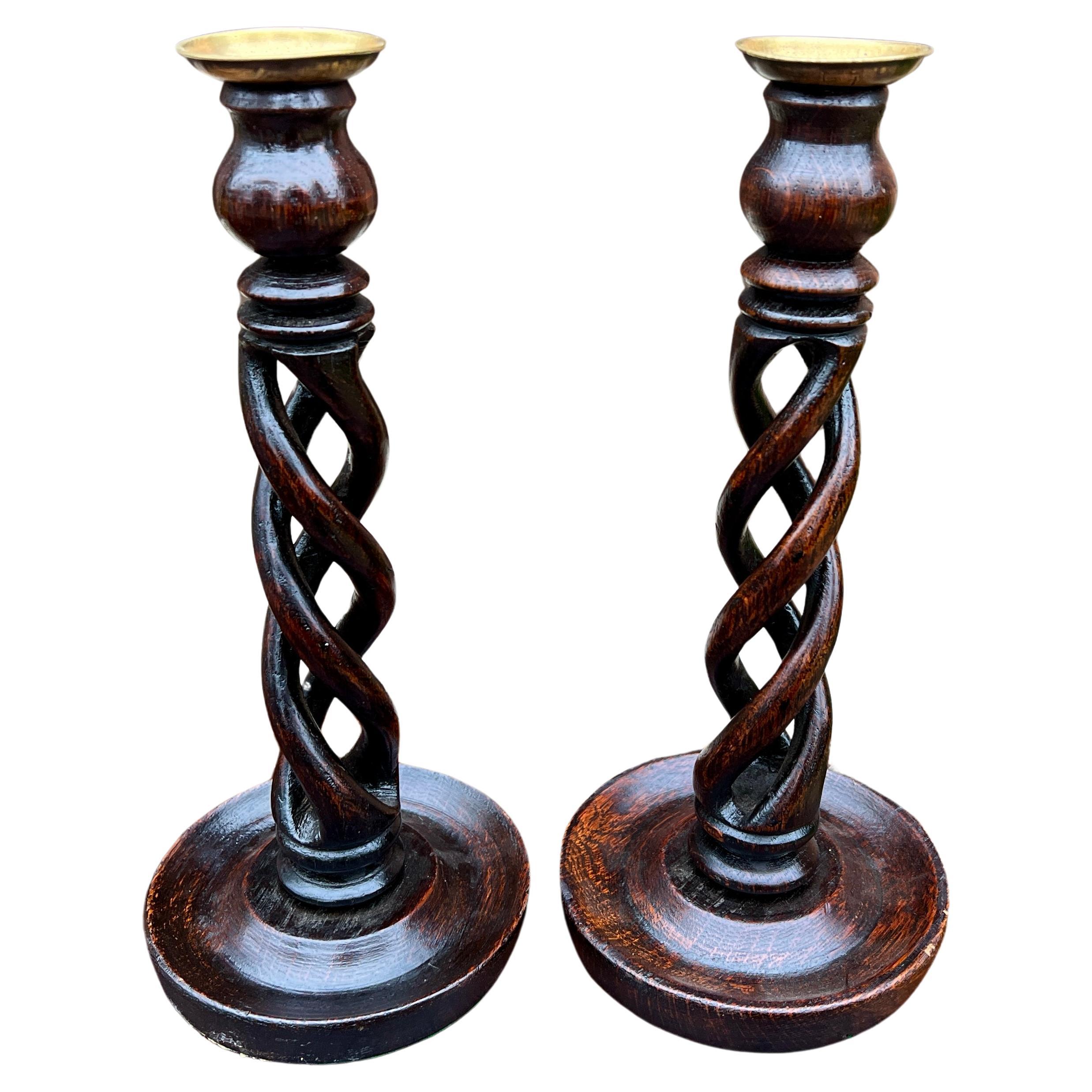 Antique English Open Barley Twist PAIR Candlesticks Candle Holders Oak 12.5" T For Sale