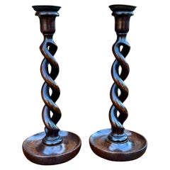 Antique English Open Barley Twist PAIR Candlesticks Candle Holders Oak 12.5" T