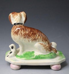 Antique English or Scottish Pottery Figure of a Spaniel with Four Pups on Bases