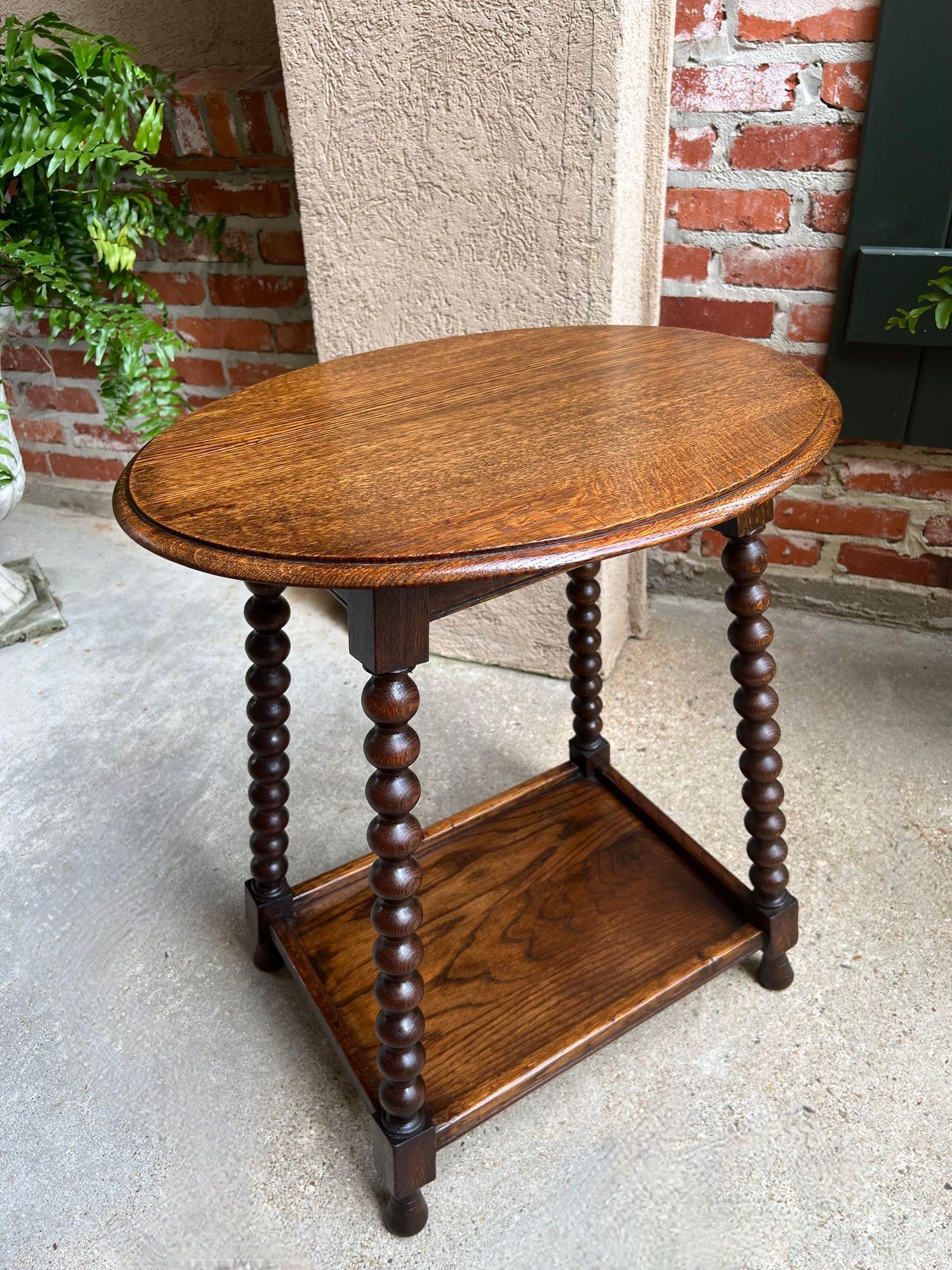 Early 20th Century Antique English Oval Side End Table Bobbin Leg Tiger Oak Two Tier Lamp Table