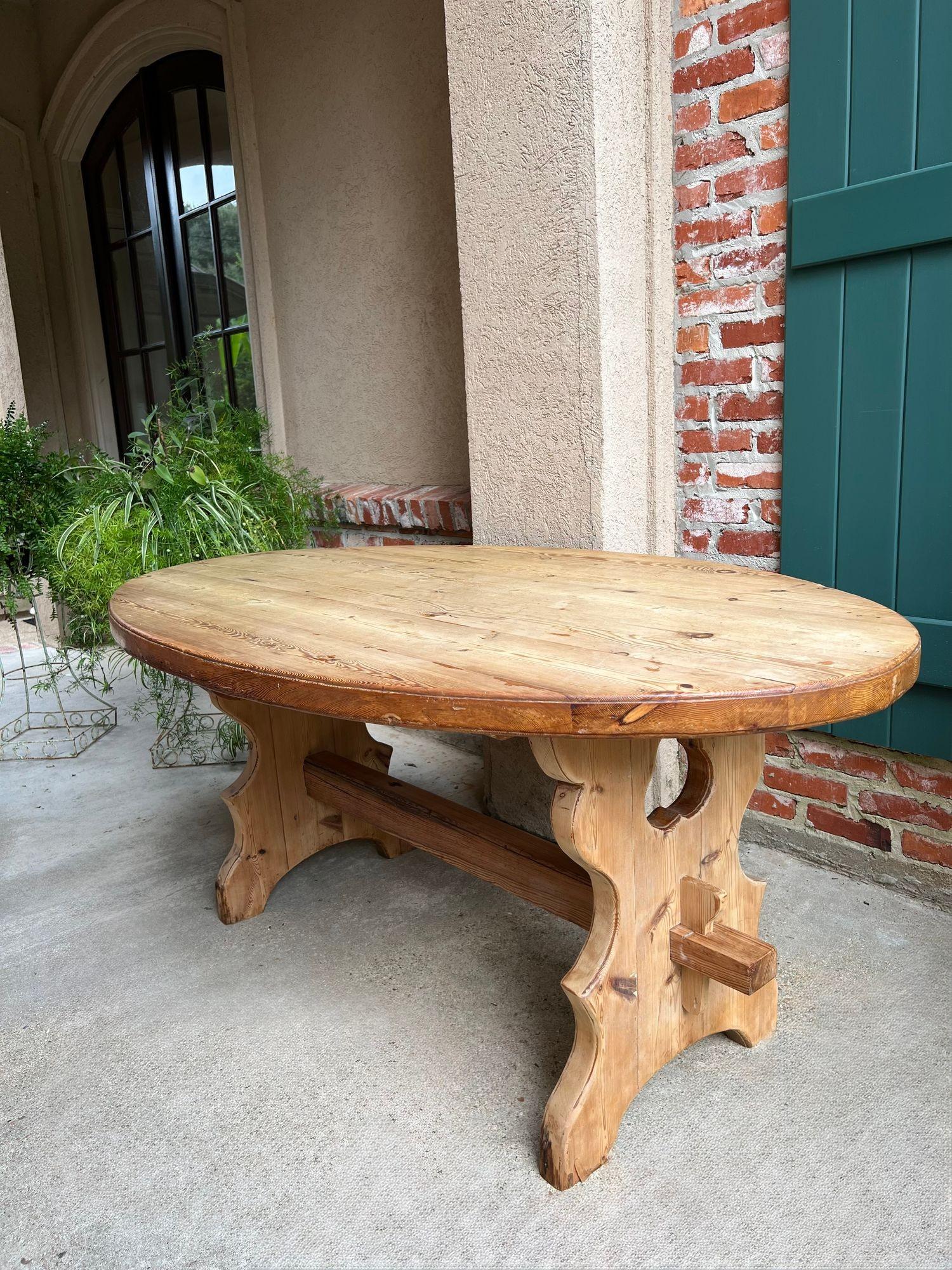 British Antique English OVAL Trestle Table PINE Kitchen Farmhouse Rustic c1920 For Sale