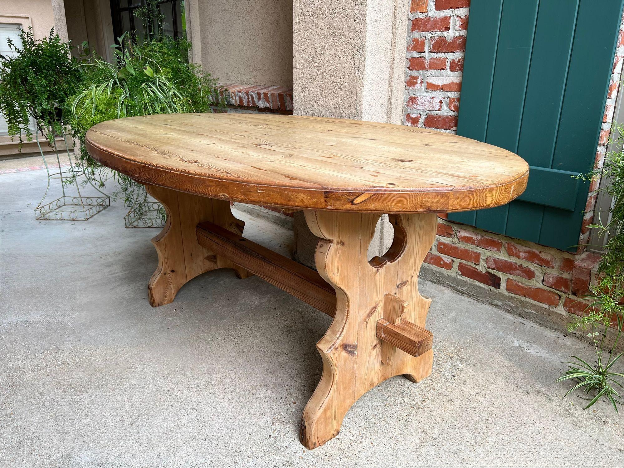 Carved Antique English OVAL Trestle Table PINE Kitchen Farmhouse Rustic c1920 For Sale