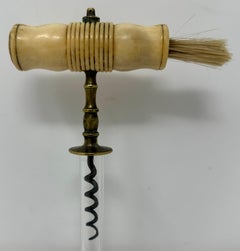 Antique English Ox Bone, Brass & Steel Corkscrew with Worm Brush Circa 1870-1880