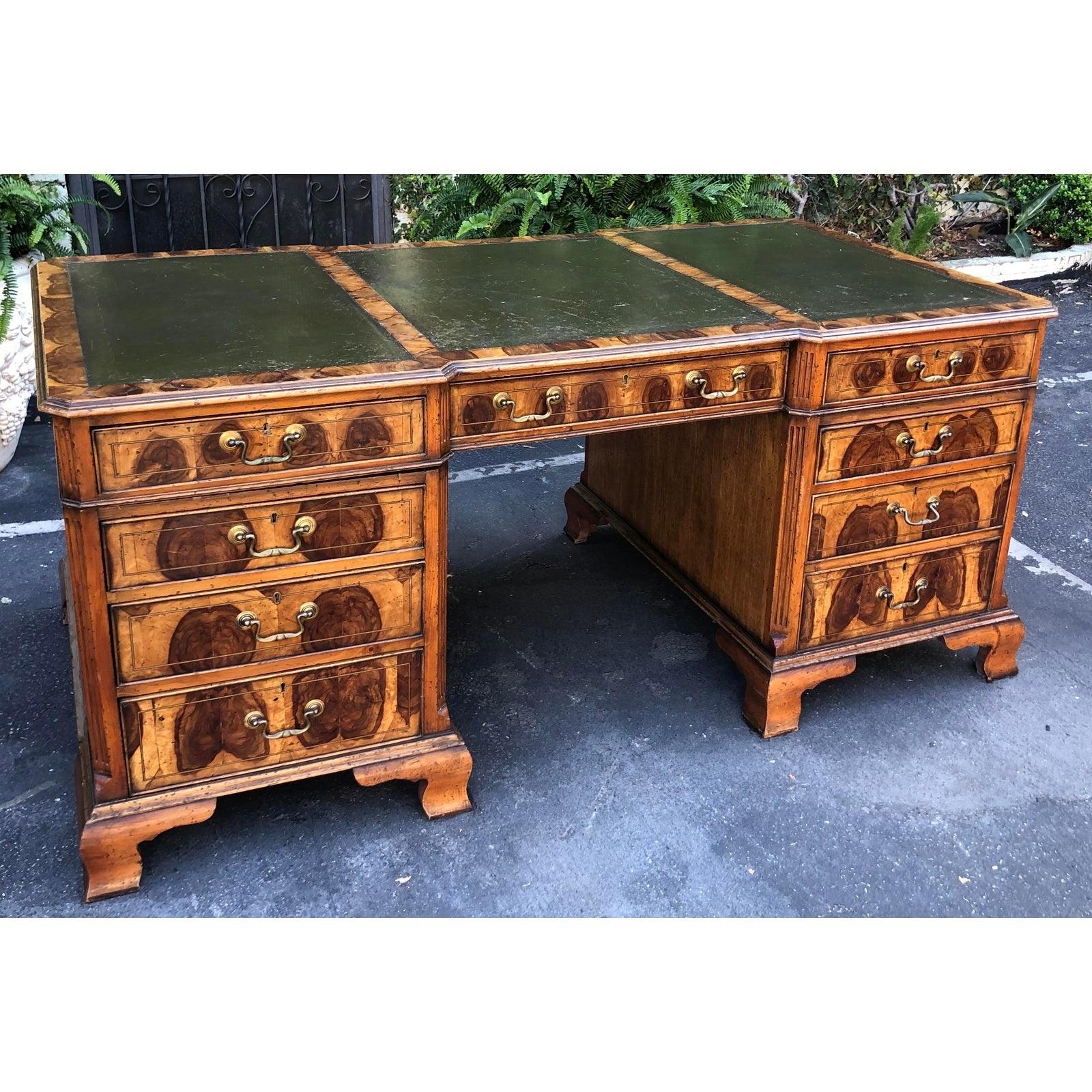 Antique English oyster burl partners desk by Hideaway House of Beverly Hills. Both sides featuring fully functioning drawers. Updated drawers by Hideaway House in the 1990s.