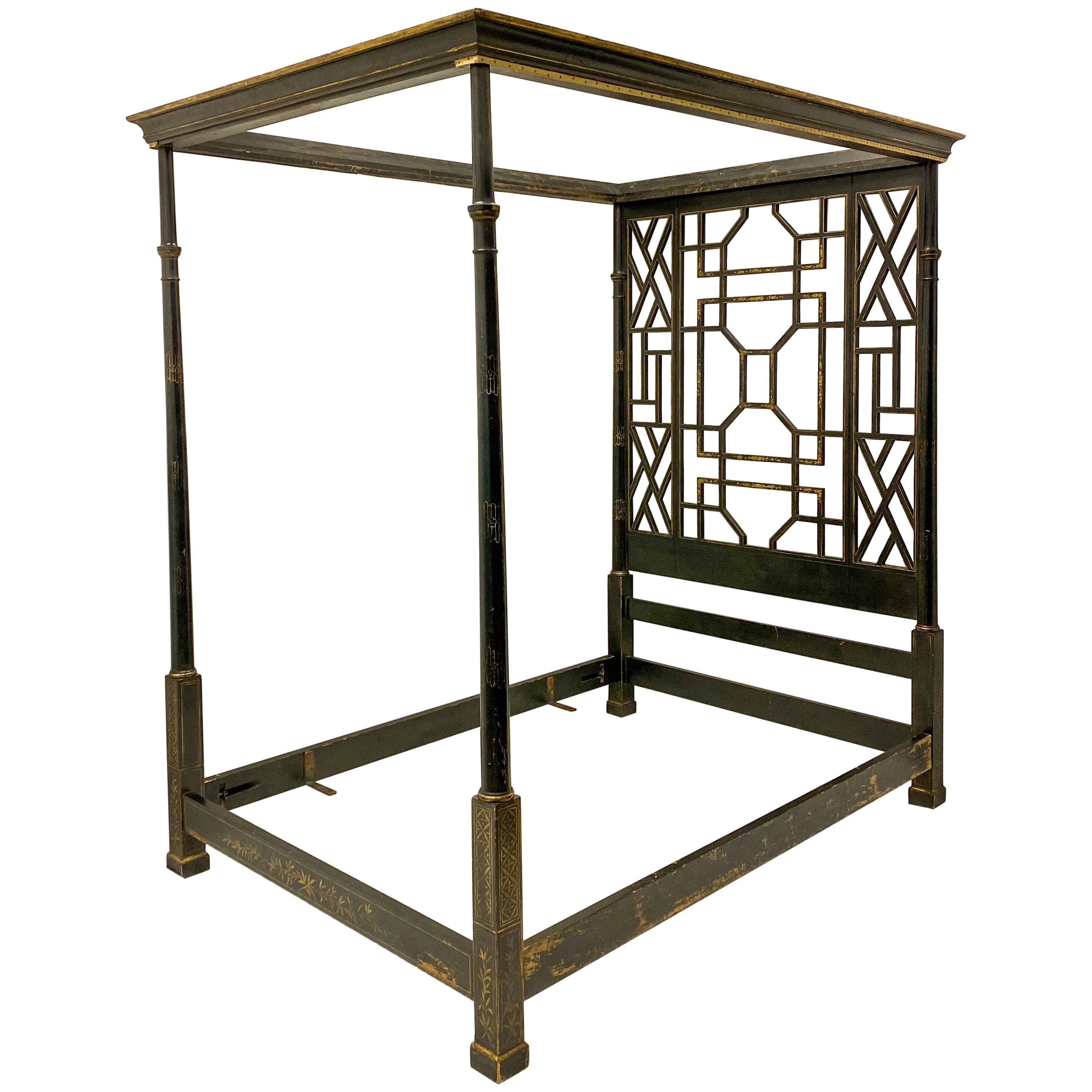 Antique English Painted Chinese Chippendale Canopy Bed