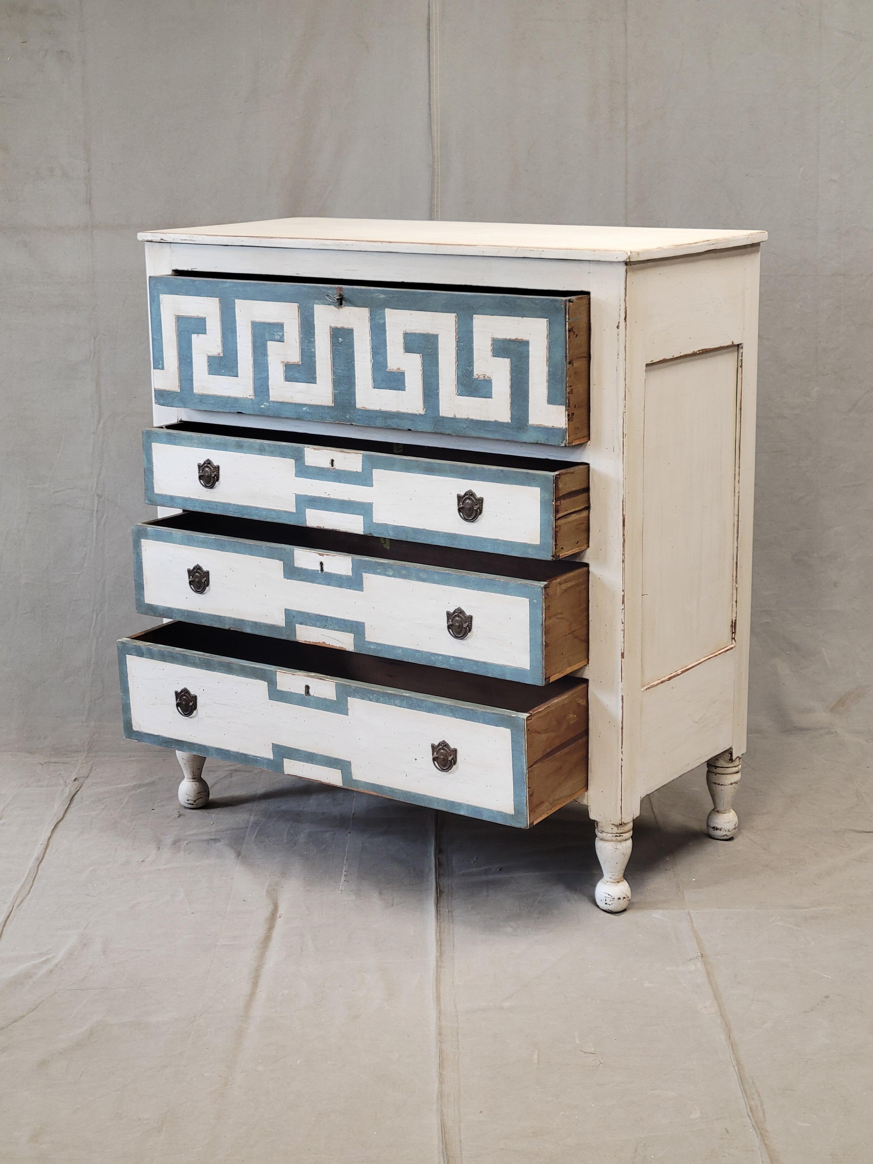 Neoclassical Antique English Painted Dresser Chest of Drawers With Greek Key Motif