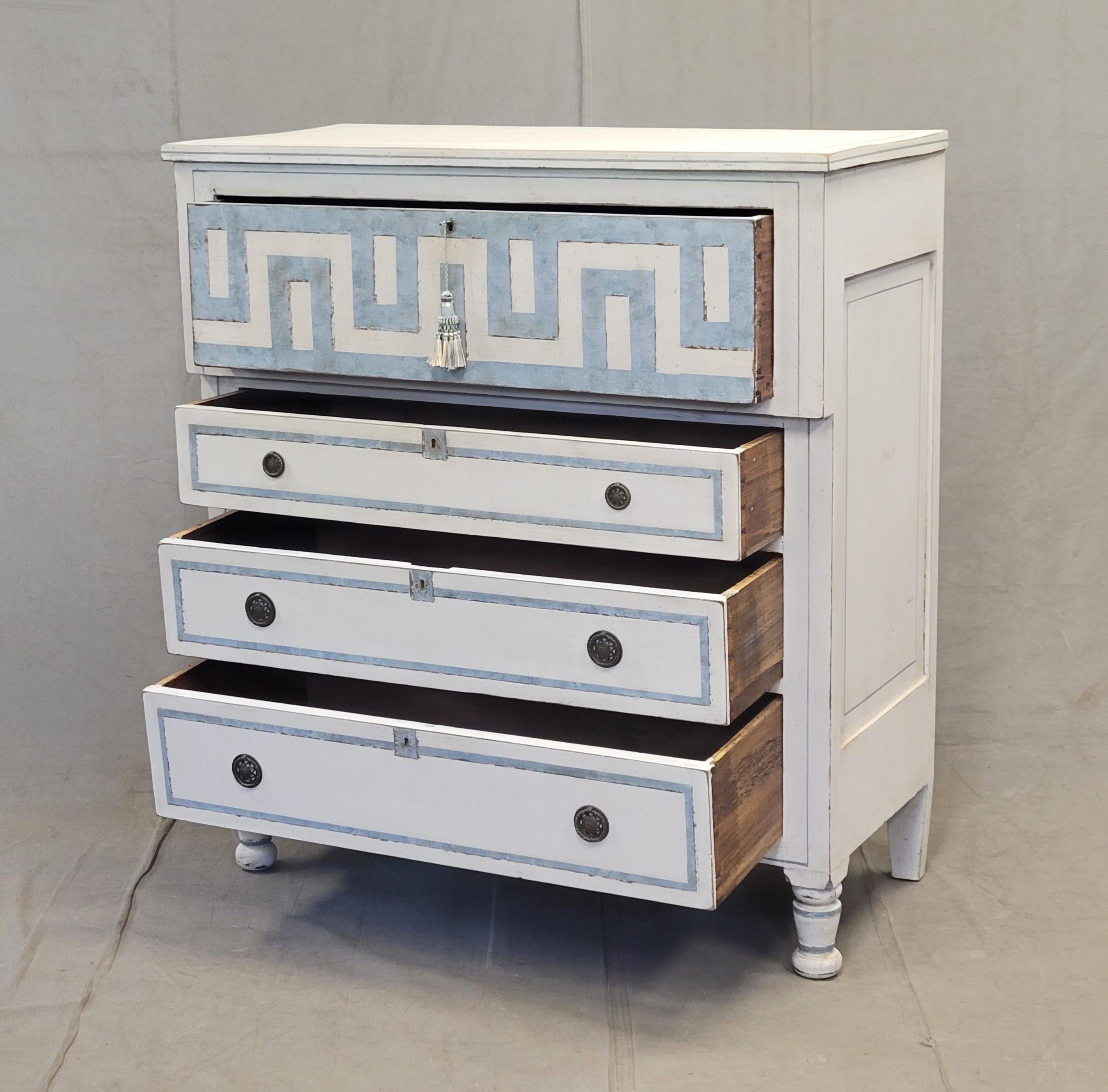 Neoclassical Antique English Painted Dresser Chest of Drawers With Greek Key Motif For Sale