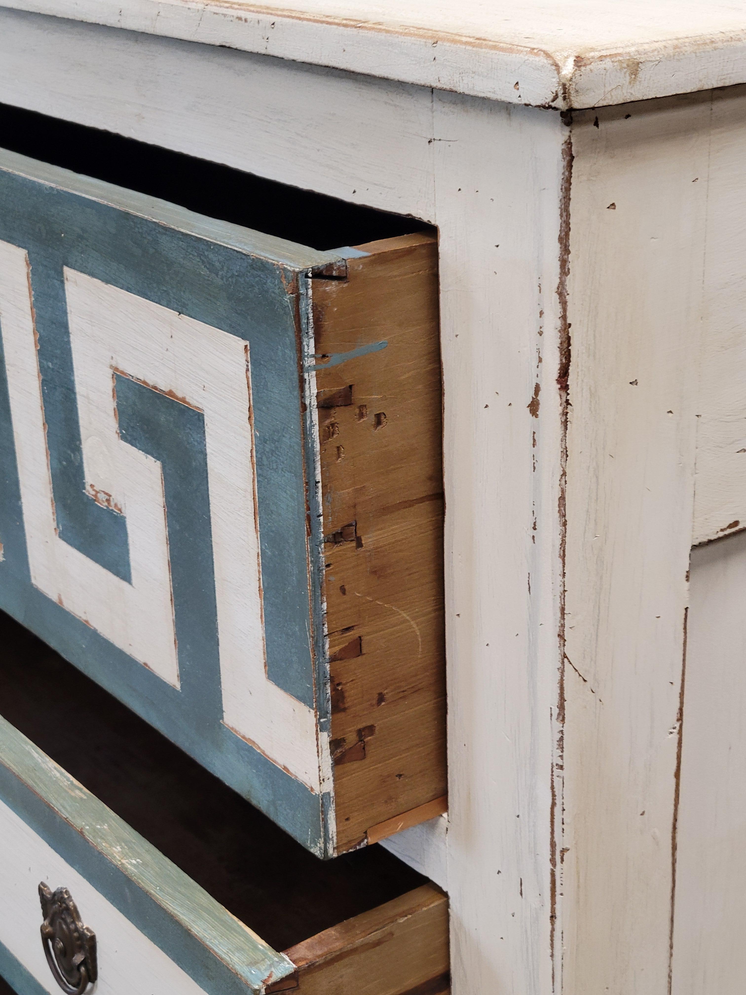 British Antique English Painted Dresser Chest of Drawers With Greek Key Motif