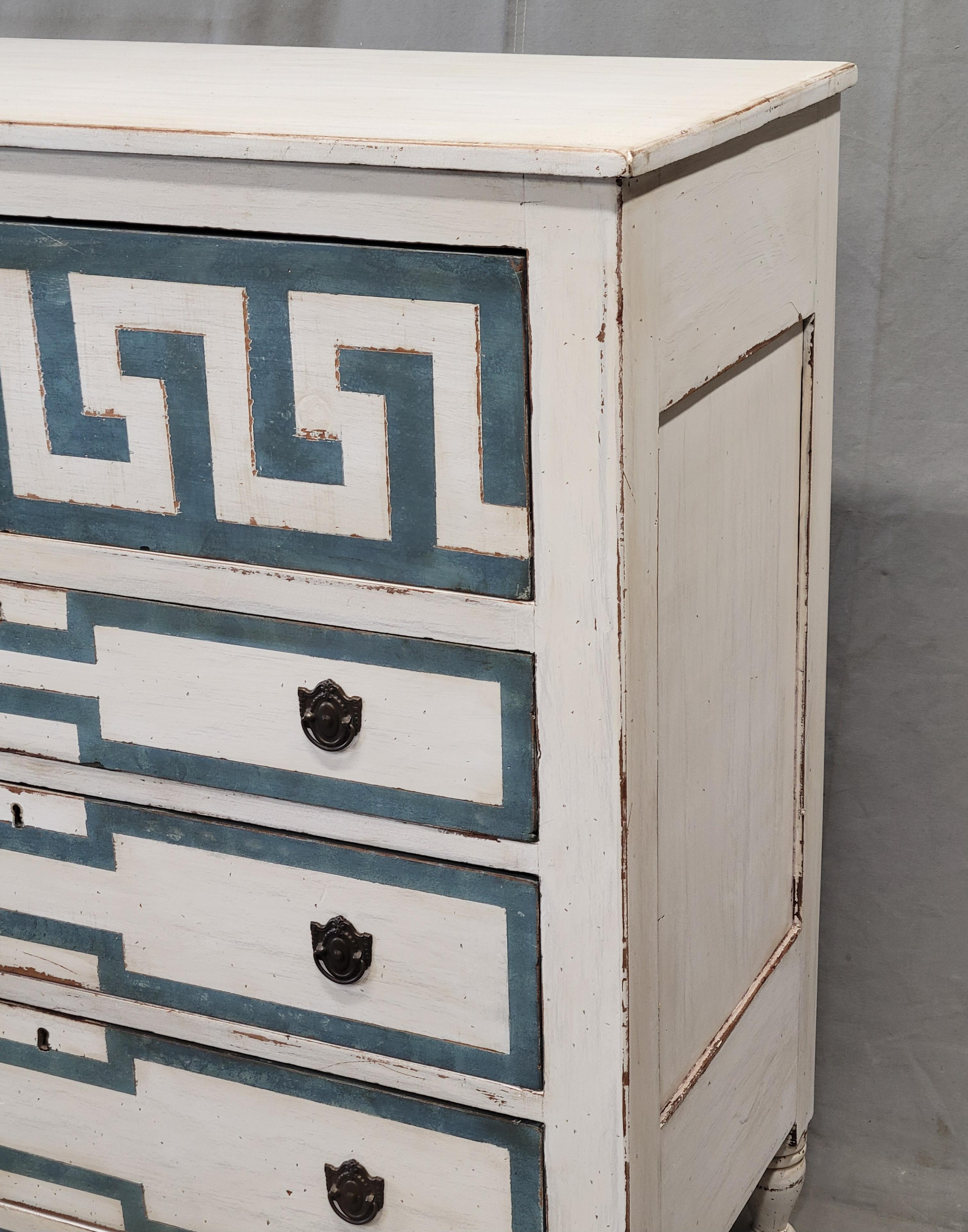 Antique English Painted Dresser Chest of Drawers With Greek Key Motif In Good Condition In Centennial, CO