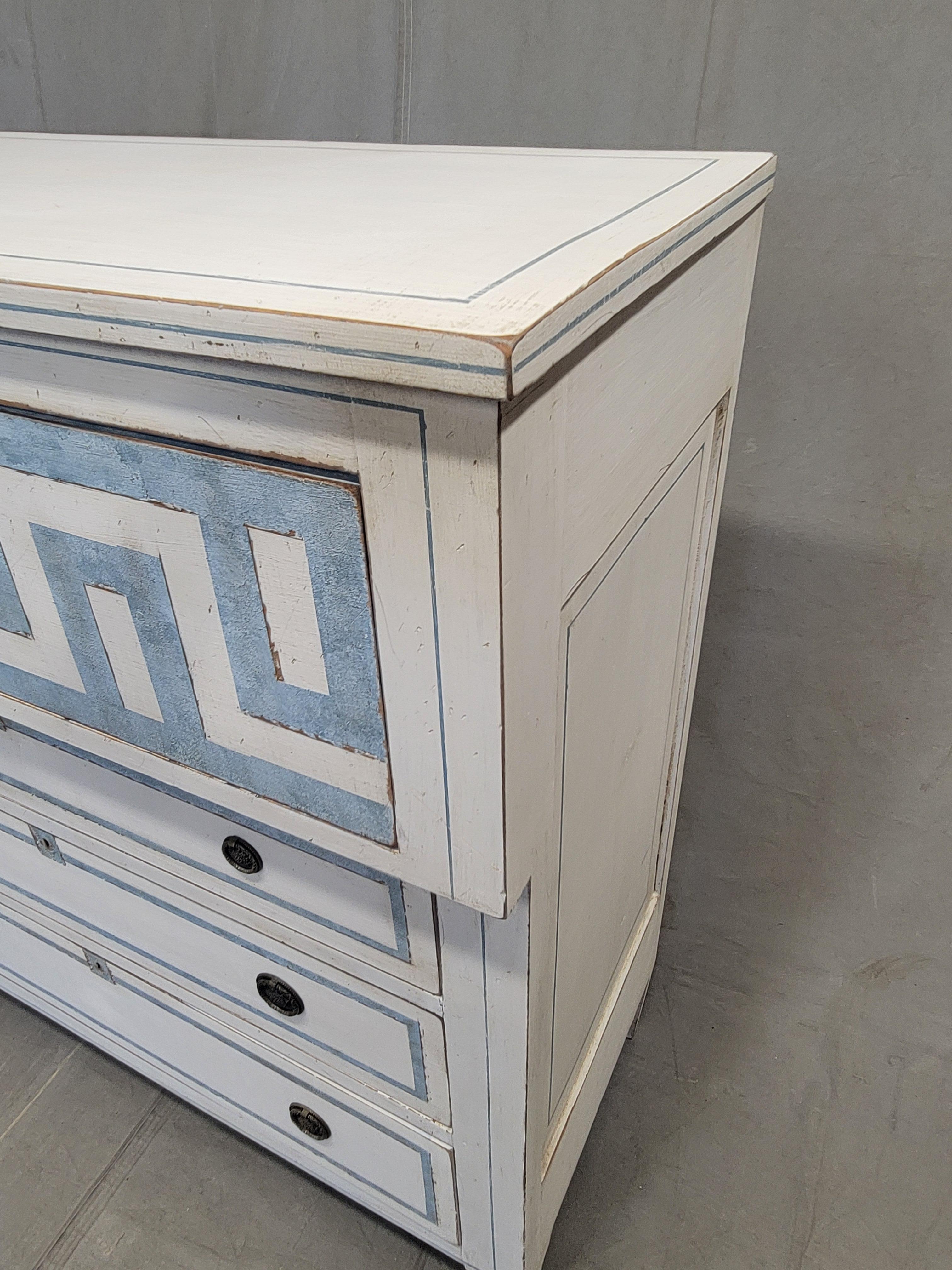 20th Century Antique English Painted Dresser Chest of Drawers With Greek Key Motif For Sale
