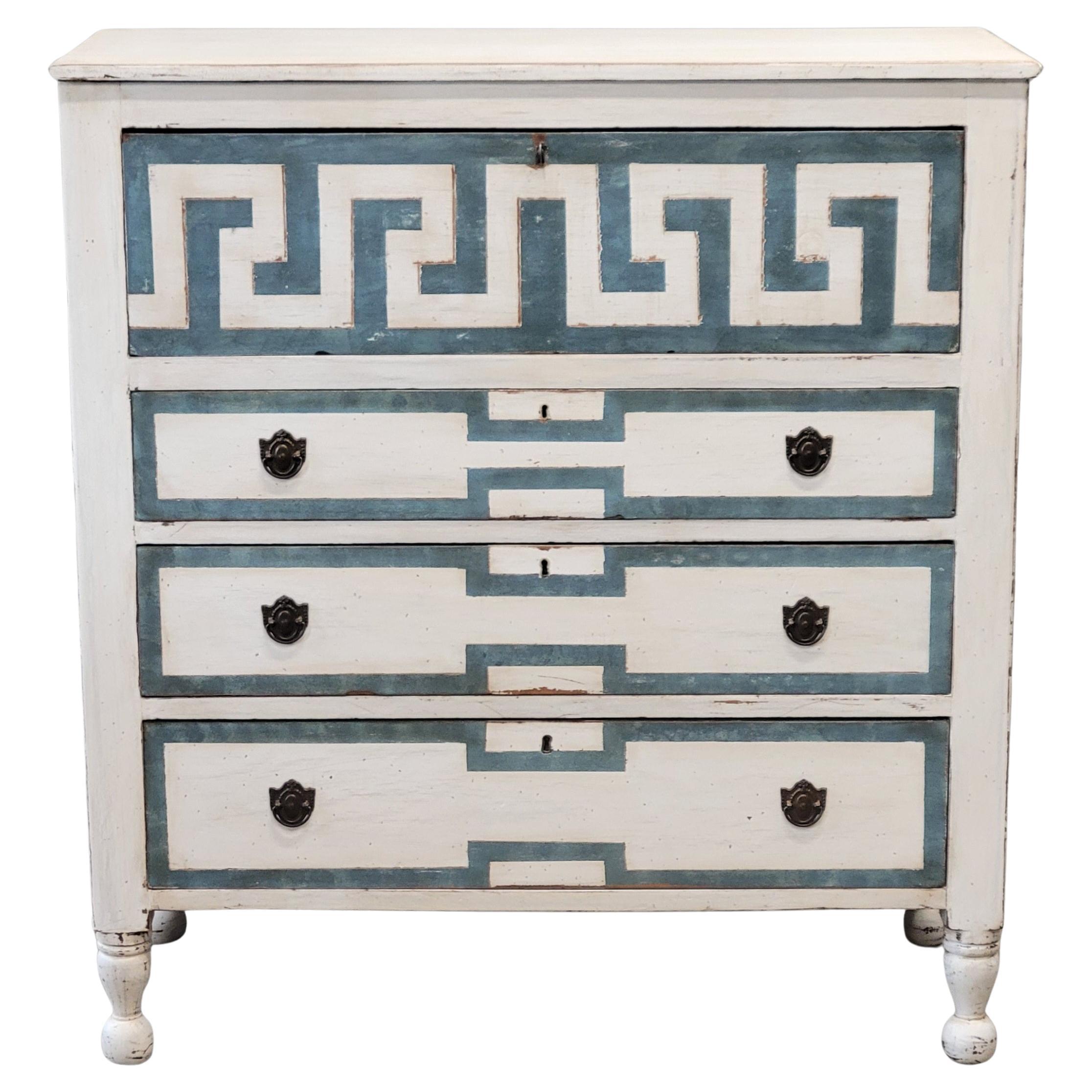 Antique English Painted Dresser Chest of Drawers With Greek Key Motif
