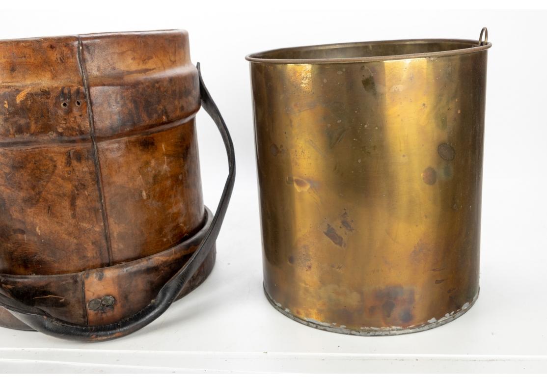 Brass Antique English Painted Leather Cordite Bucket with Liner For Sale