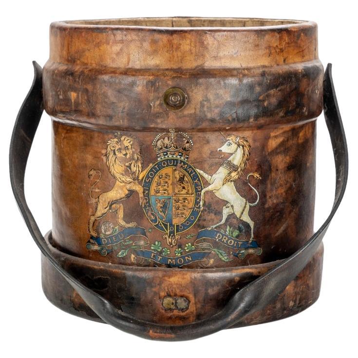 Antique English Painted Leather Cordite Bucket with Liner For Sale