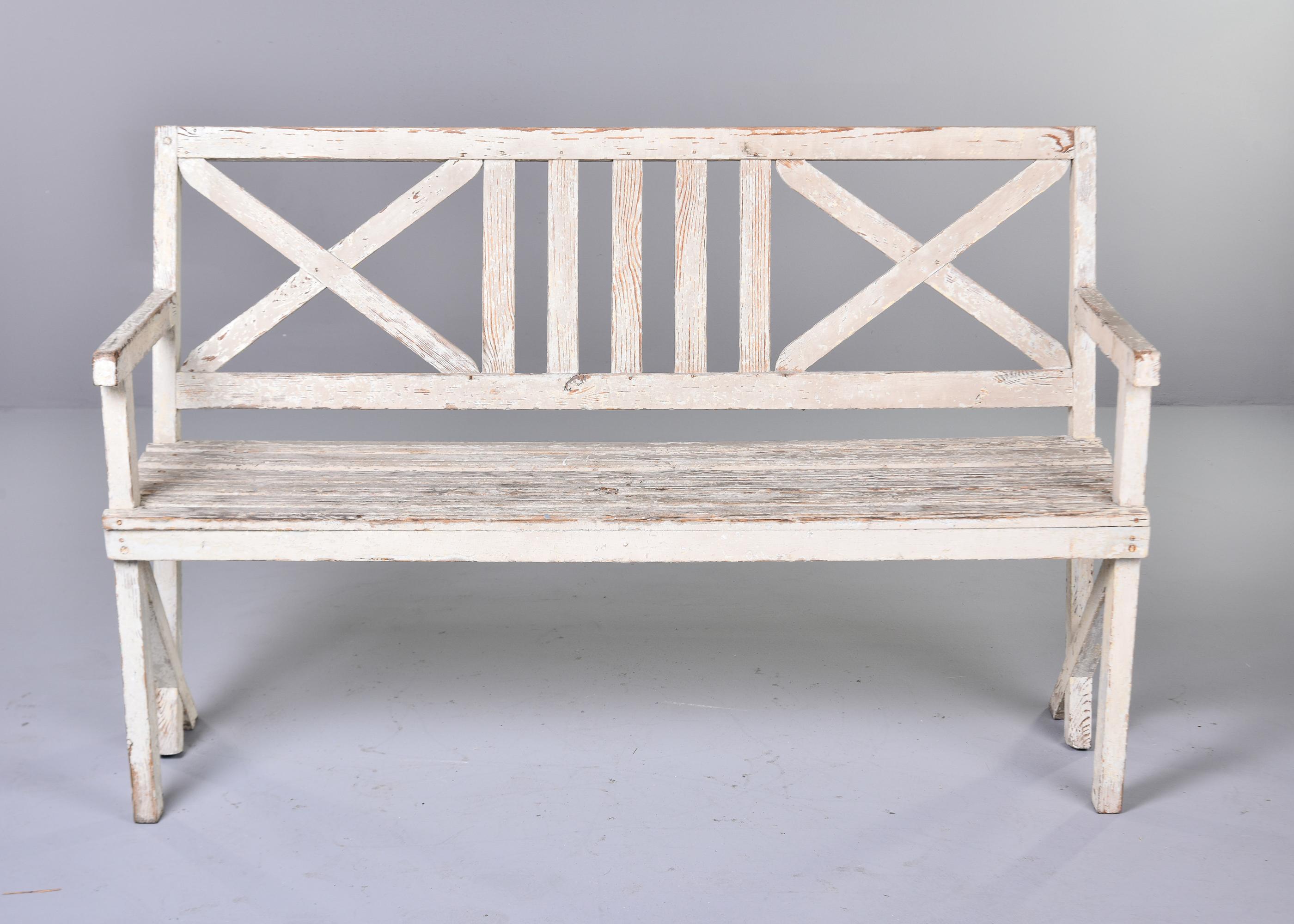 Antique English Painted Wood Bench with Cross Accented Back In Good Condition For Sale In Troy, MI