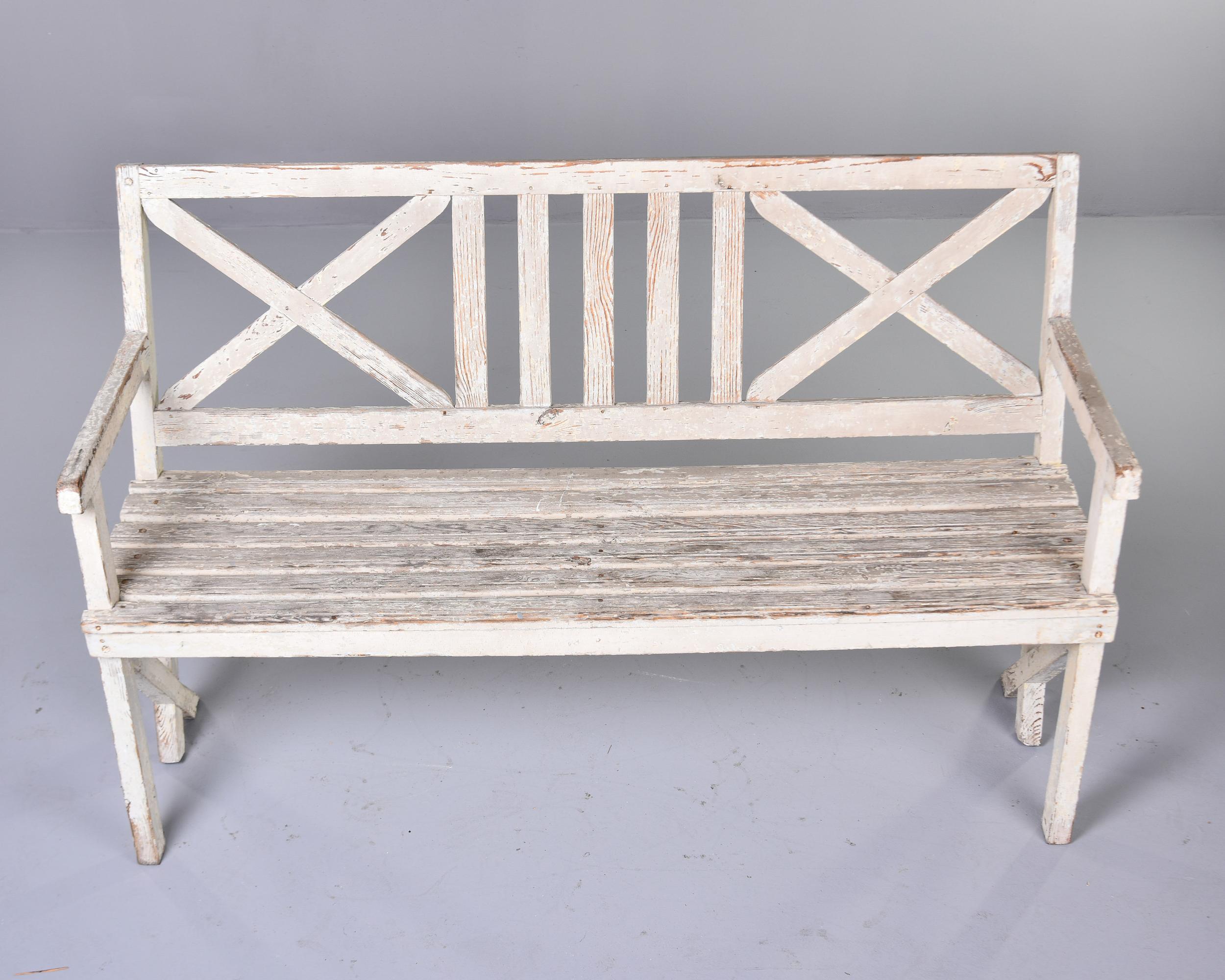 20th Century Antique English Painted Wood Bench with Cross Accented Back For Sale