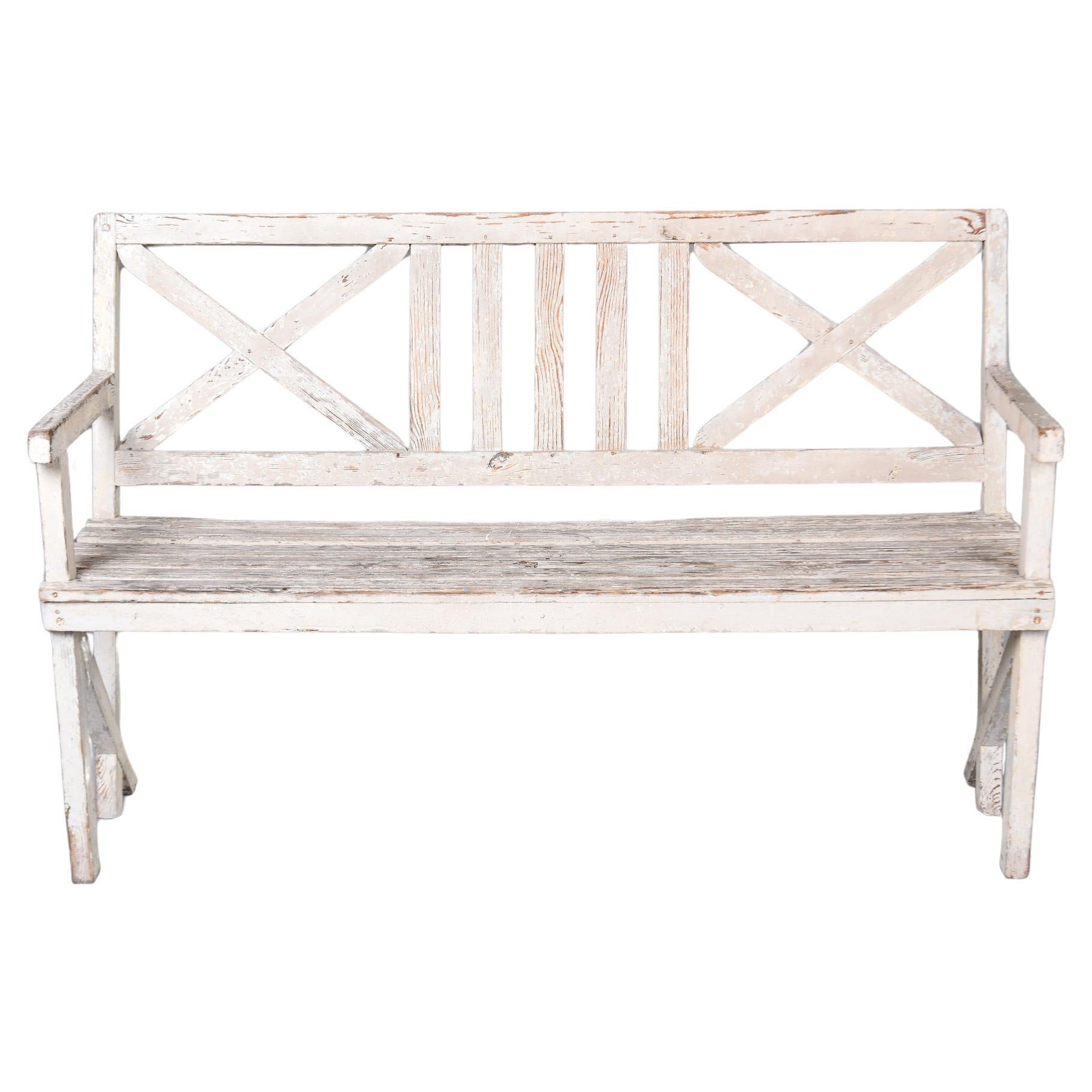 Antique English Painted Wood Bench with Cross Accented Back For Sale