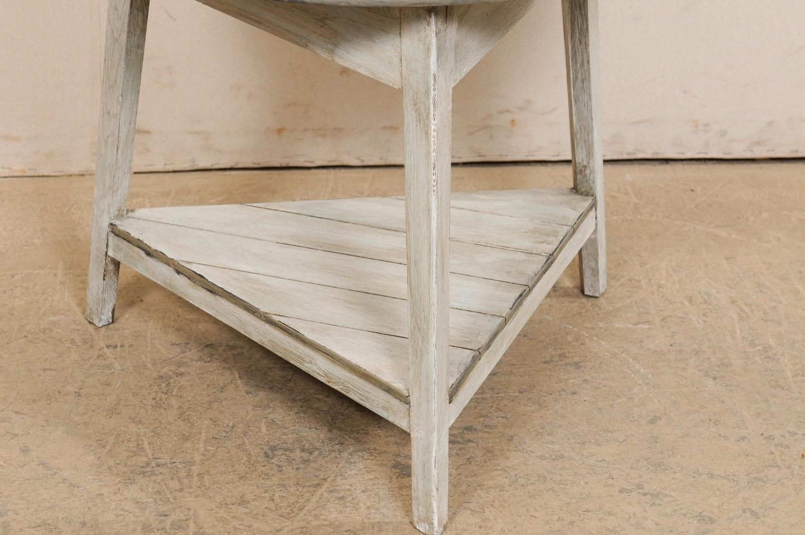 Antique English Painted-Wood Center Table W/Triangular Shelf, Light Grey & Blue 1