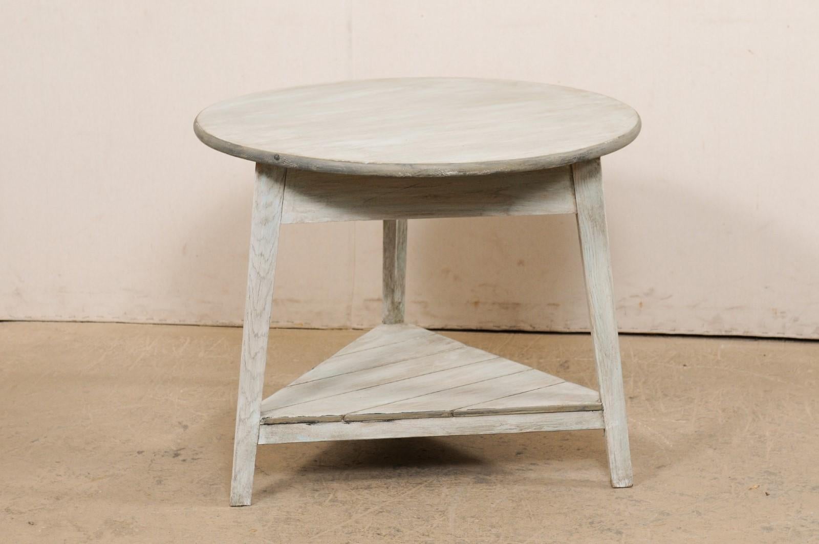 Antique English Painted-Wood Center Table W/Triangular Shelf, Light Grey & Blue 2