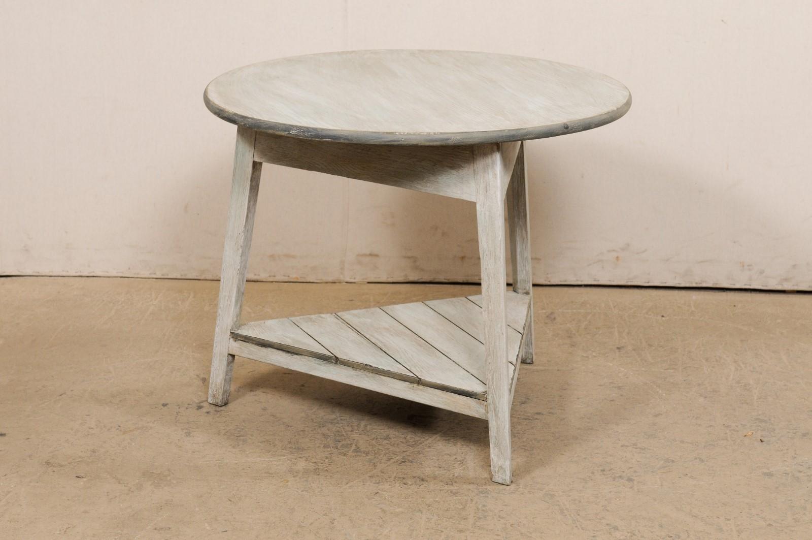 Antique English Painted-Wood Center Table W/Triangular Shelf, Light Grey & Blue 3