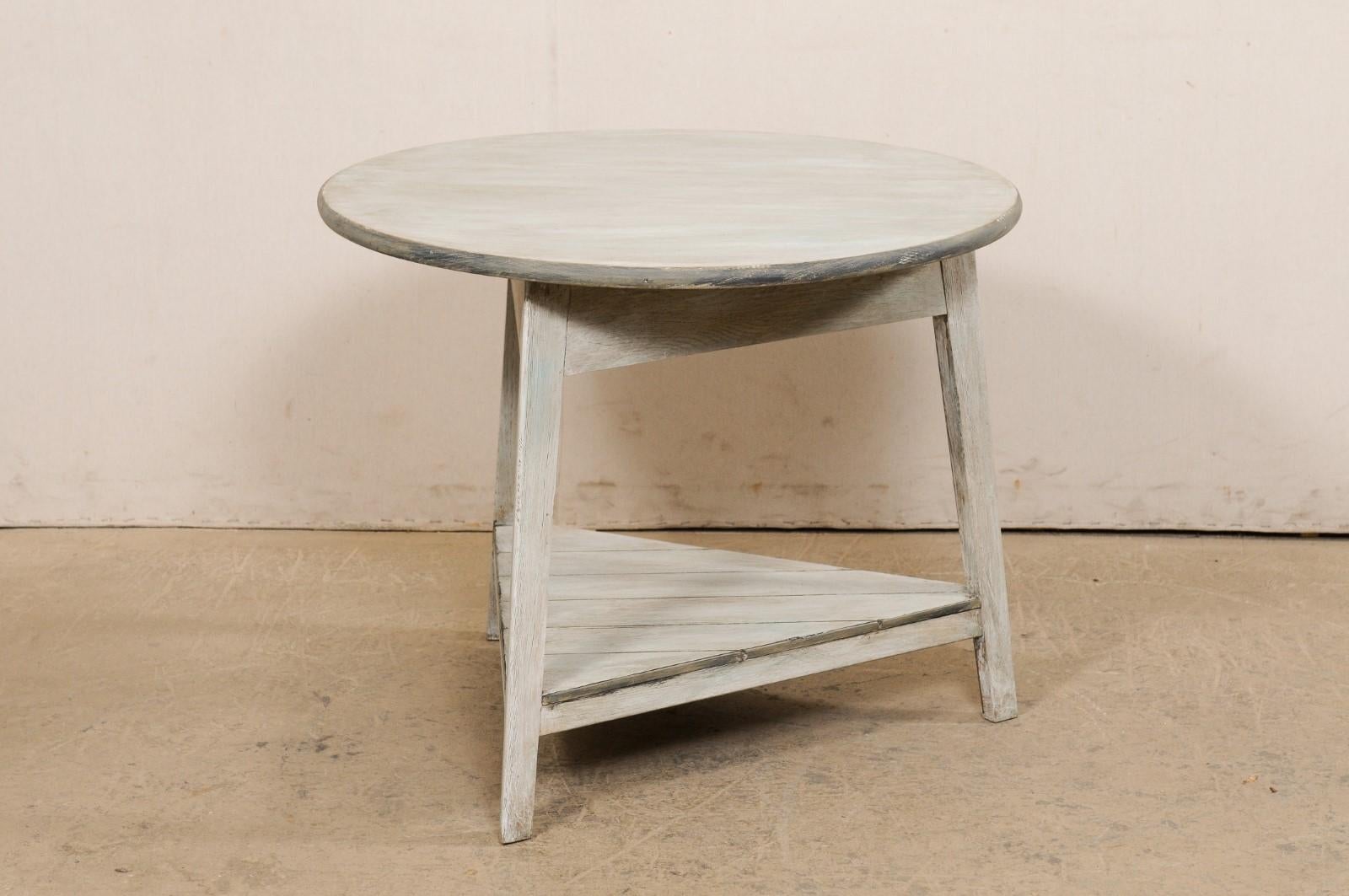 Antique English Painted-Wood Center Table W/Triangular Shelf, Light Grey & Blue 4