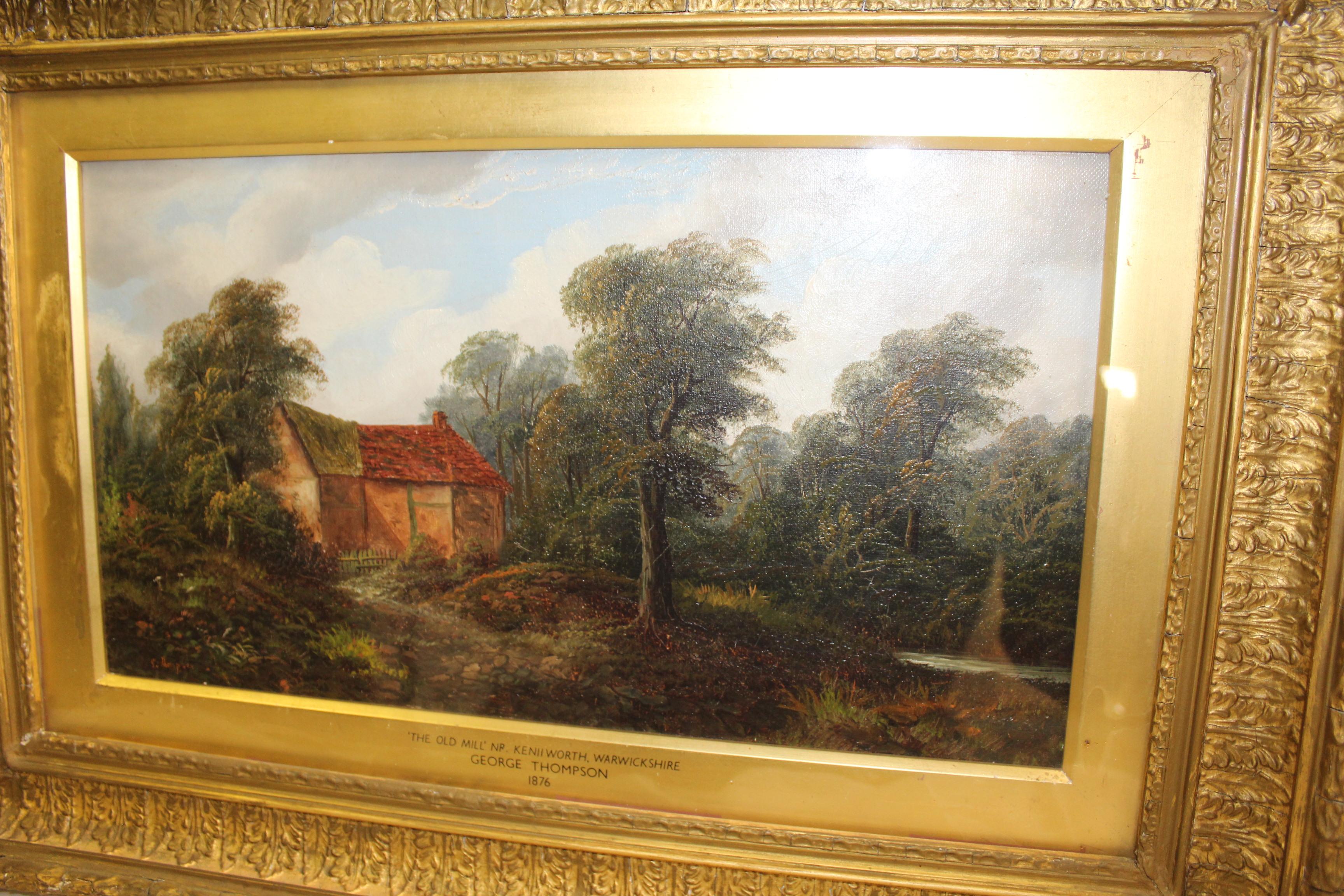An Oil on Canvas painting of an old mill in the English Countryside near Keniworth . By a well known English Oil painter of that time .  The frame is original with cracks and small parts missing . The painting is under glass and is in excellent