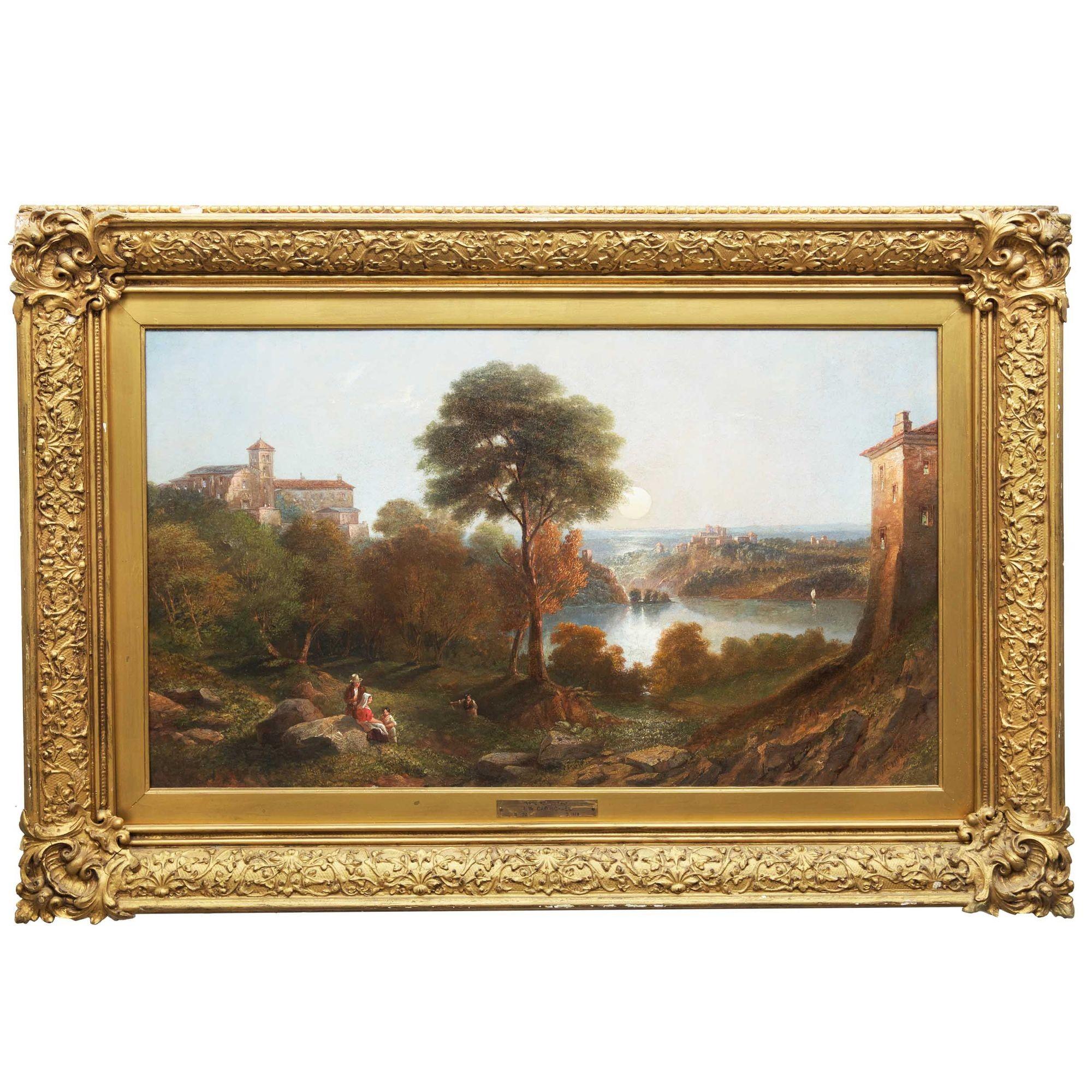 Romantique Peinture anglaise ancienne du lac Nemi, Italie, 1865, par John Wilson Carmichael en vente