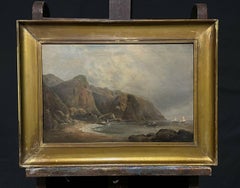 Antique English Marine Oil Painting Coastal Seascape Suspension Bridge & Boats