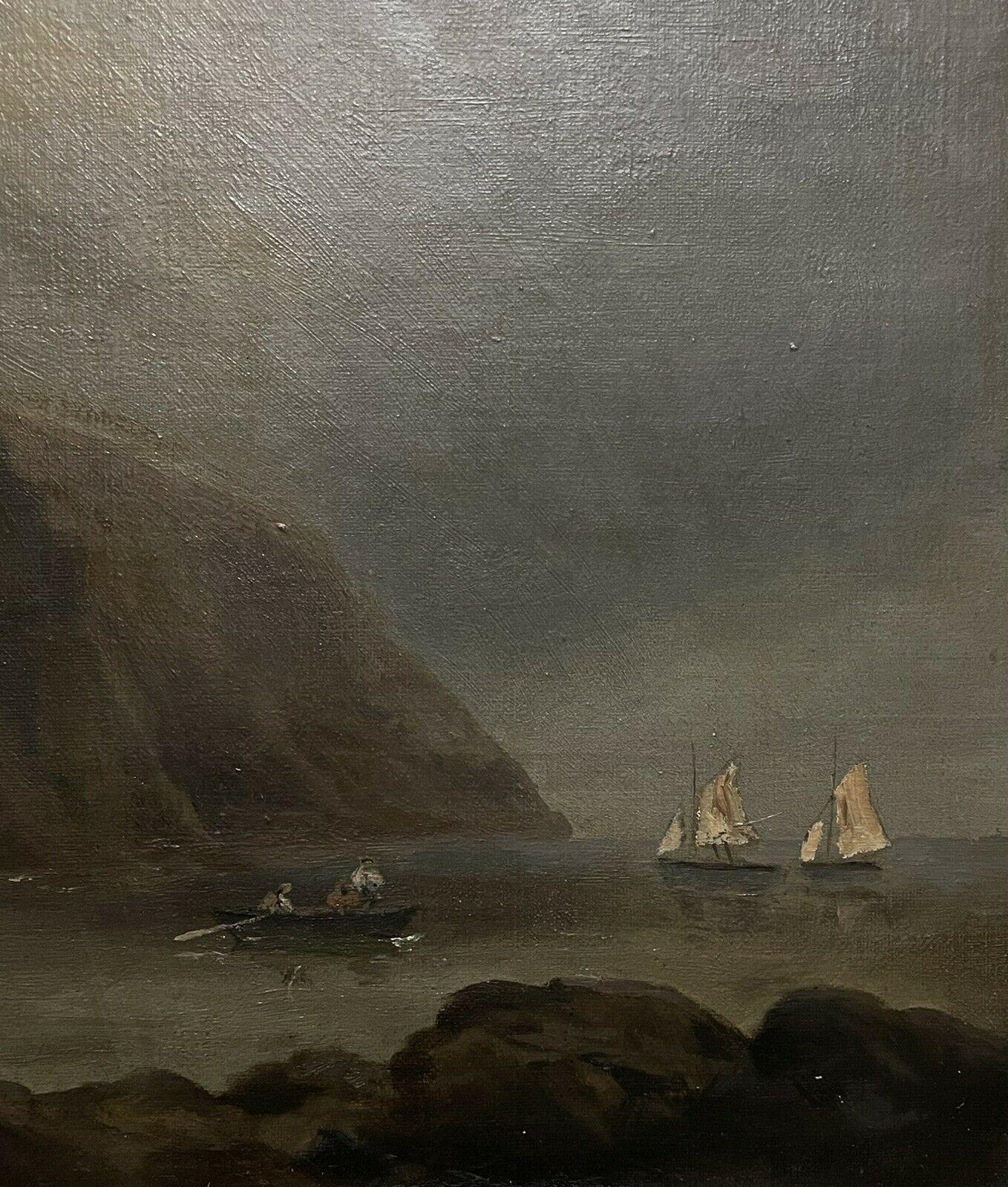 Antique English Marine Oil Painting Coastal Seascape Suspension Bridge & Boats 3