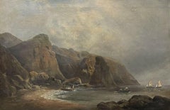 Antique English Marine Oil Painting Coastal Seascape Suspension Bridge & Boats