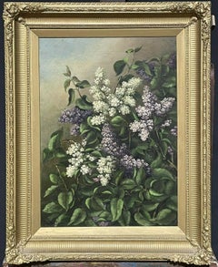 ANTIQUE ENGLISH OIL PAINTING - STILL LIFE OF LILAC FLOWERS - ANTIQUE GILT FRAME