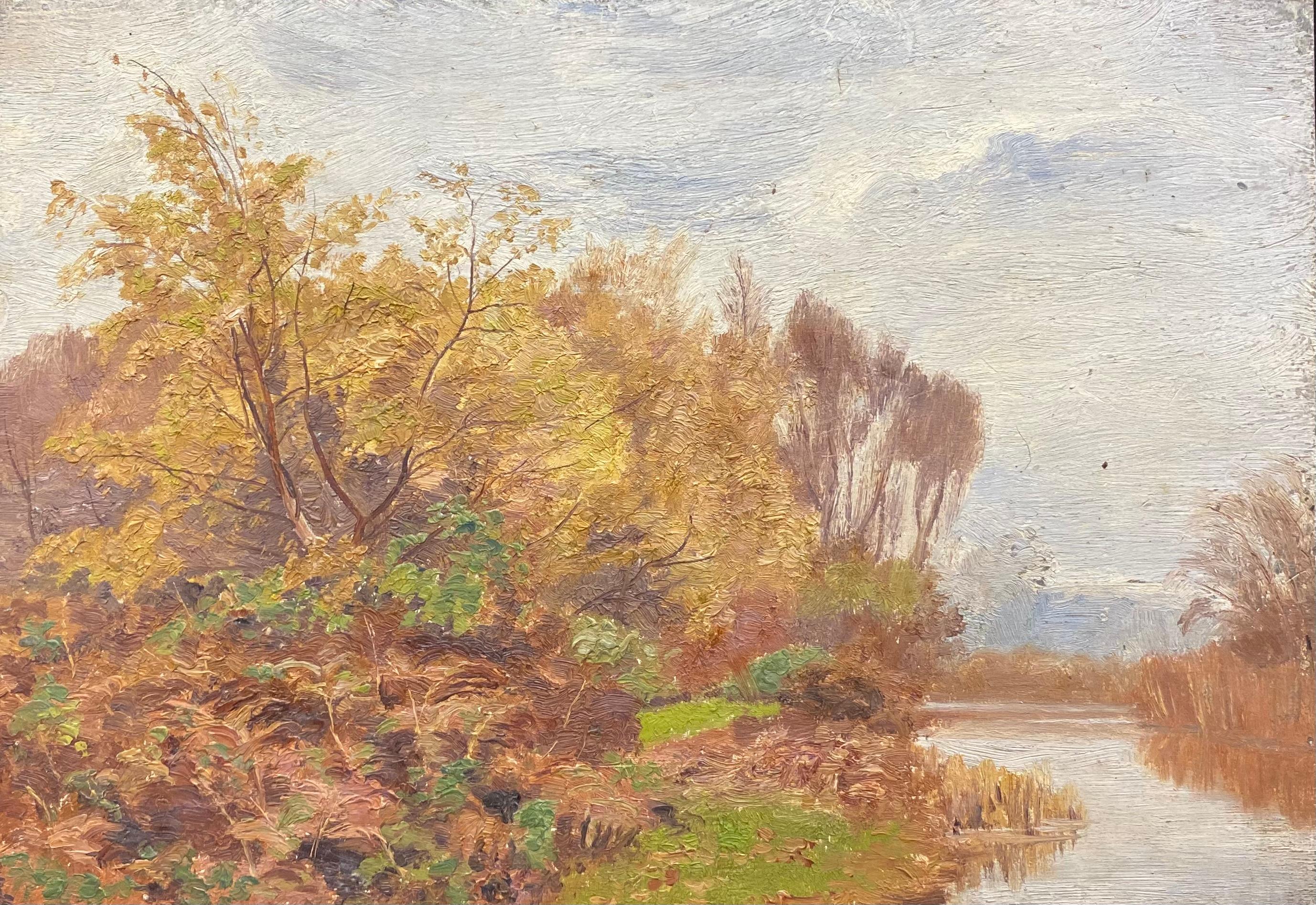 Antique English Still-Life Painting - Early 1900's English Impressionist Oil Painting Autumnal Woodland Lake Scene
