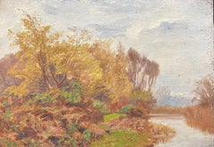 Early 1900's English Impressionist Oil Painting Autumnal Woodland Lake Scene