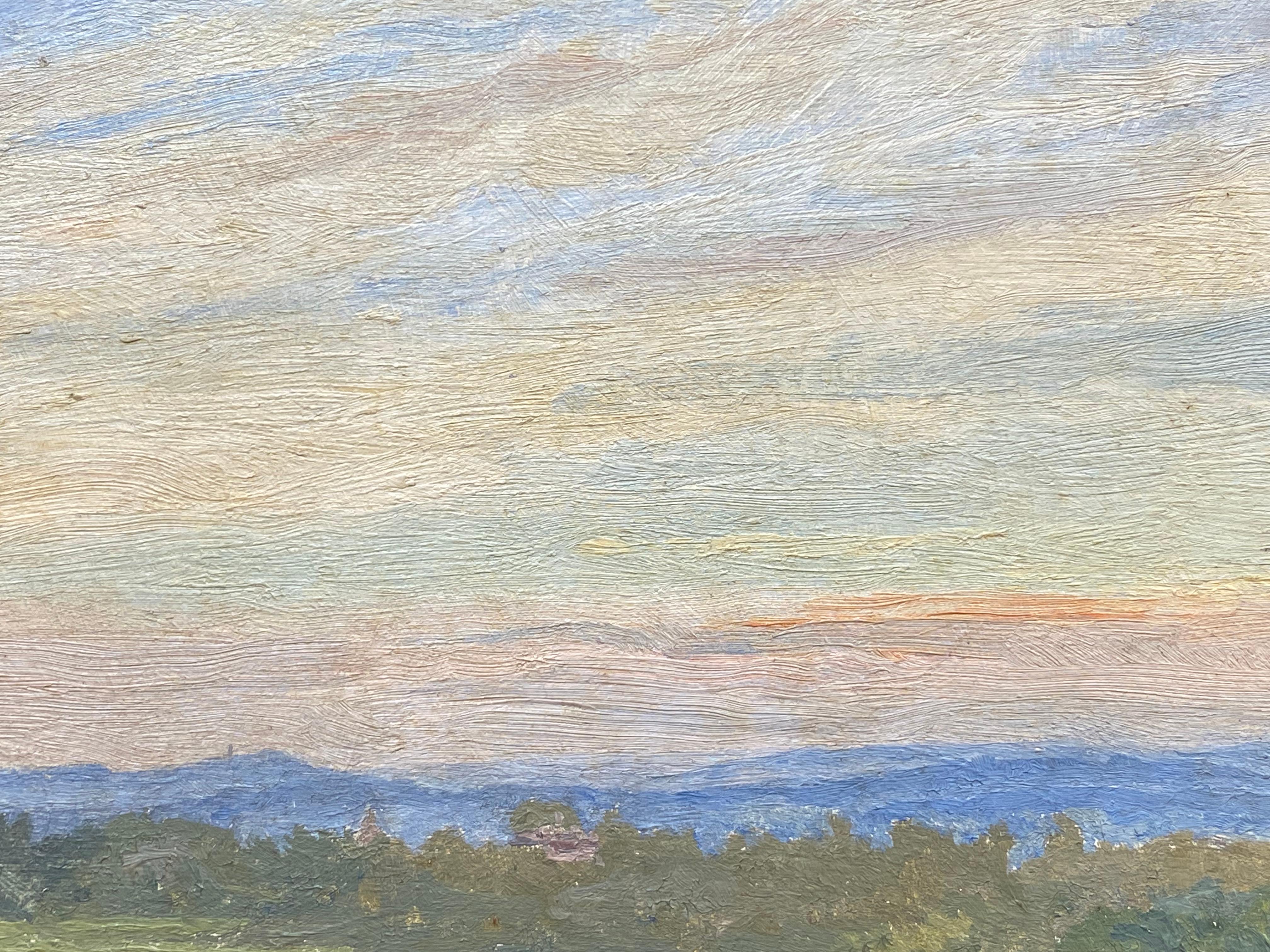 Pintura al óleo English Impressionist de principios de 1900 Hermoso paisaje al atardecer - Landscape Painting Beige de Antique English
