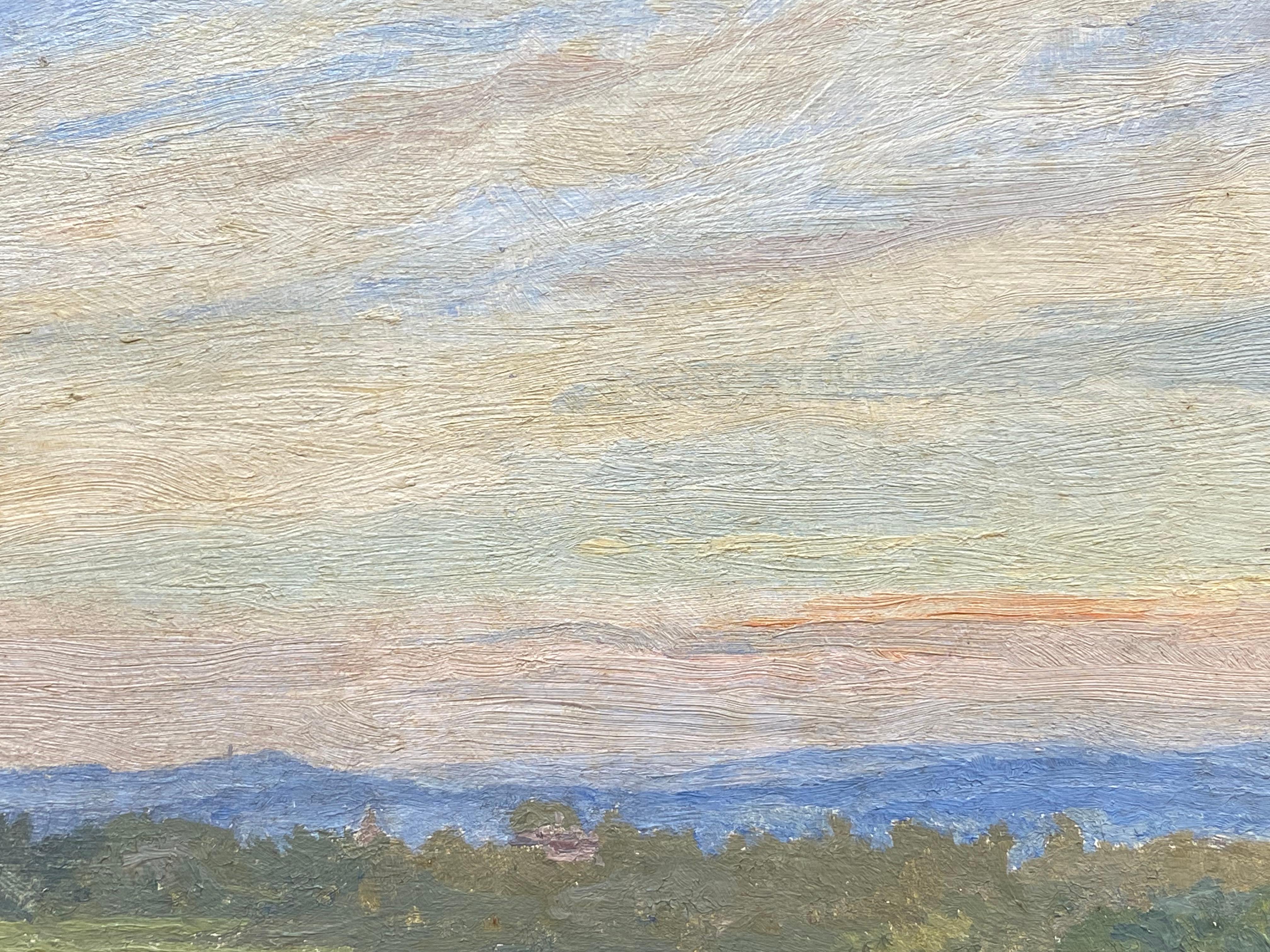 Peinture à l'huile impressionniste anglaise du début des années 1900 - Magnifique paysage de coucher de soleil - Beige Landscape Painting par Antique English