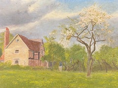 Early 1900's English Impressionist Oil Painting Country Farm House & Orchard