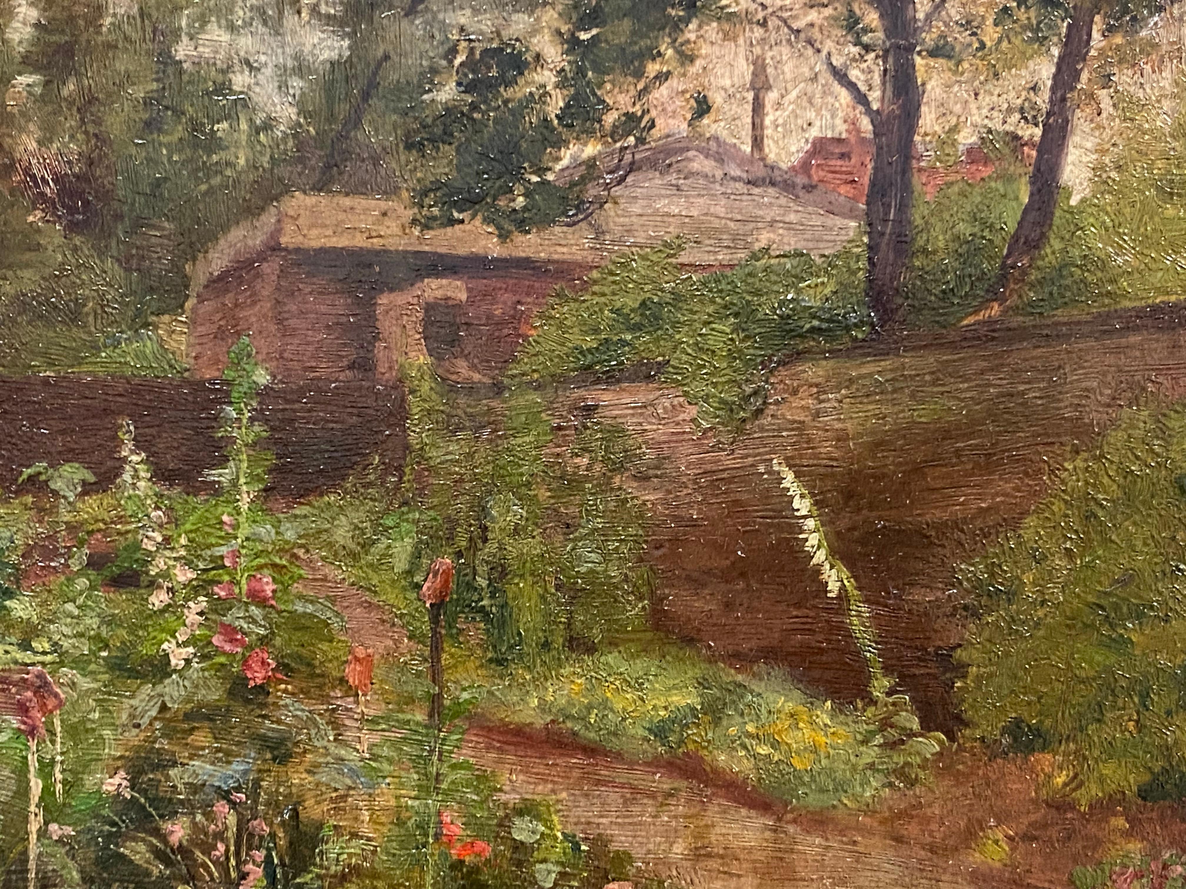 Early 1900's English Impressionist Oil Painting Elegant Garden Landscape - Brown Landscape Painting by Antique English