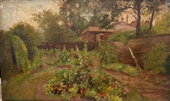 Early 1900's English Impressionist Oil Painting Elegant Garden Landscape