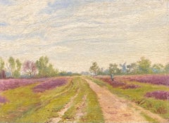 Early 1900's English Impressionist Oil Painting Figure In Lavender Fields