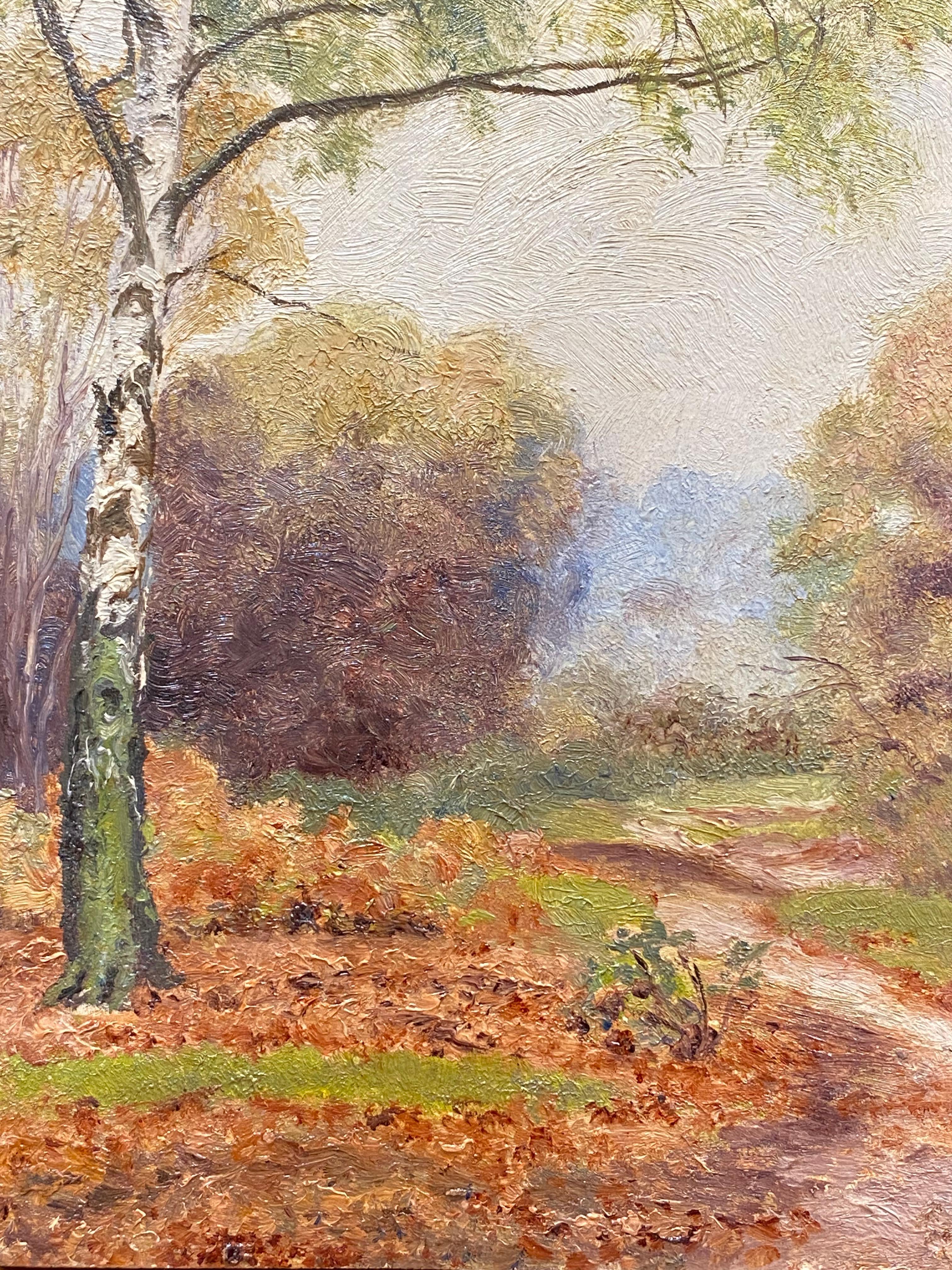 Early 1900's English Impressionist Oil Painting Woodland Autumn Landscape - Beige Still-Life Painting by Antique English