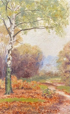 Early 1900's English Impressionist Oil Painting Woodland Autumn Landscape