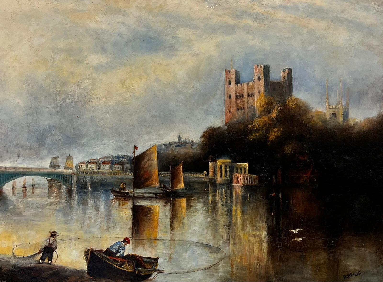 Rochester Castle from River Medway, signiertes großes Original-Ölgemälde – Painting von Antique English